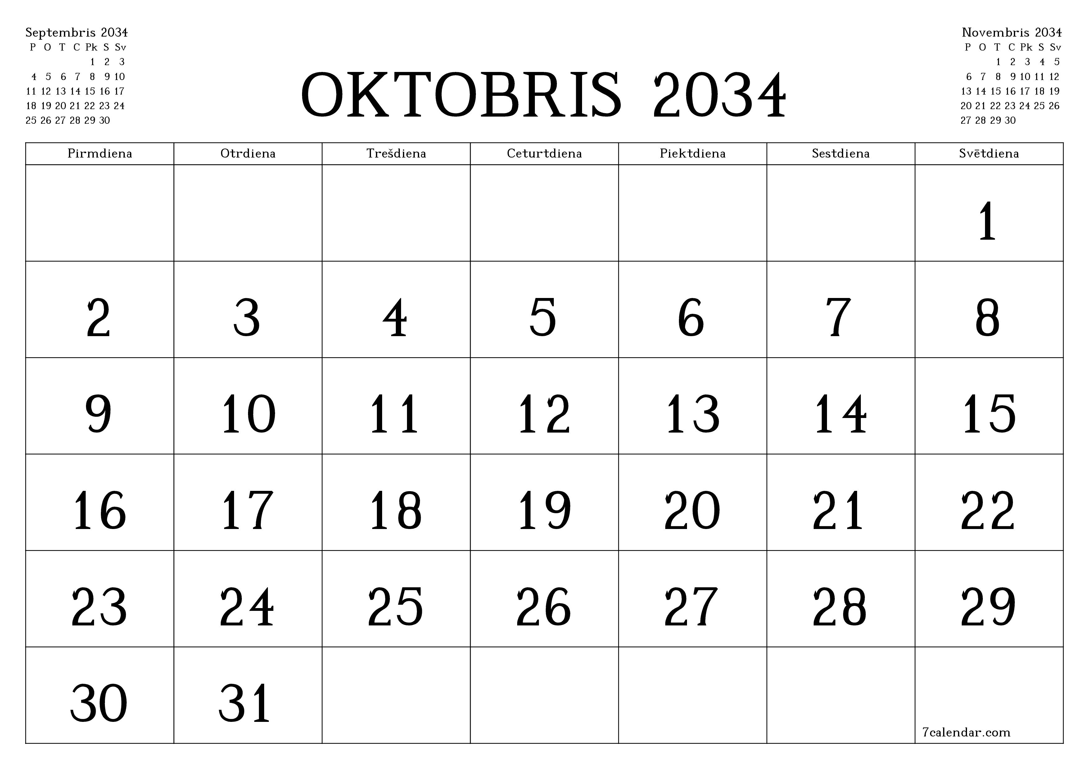 Iztukšot mēneša plānotāju mēnesim Oktobris 2034 ar piezīmēm, saglabāt un izdrukāt PDF formātā PNG Latvian