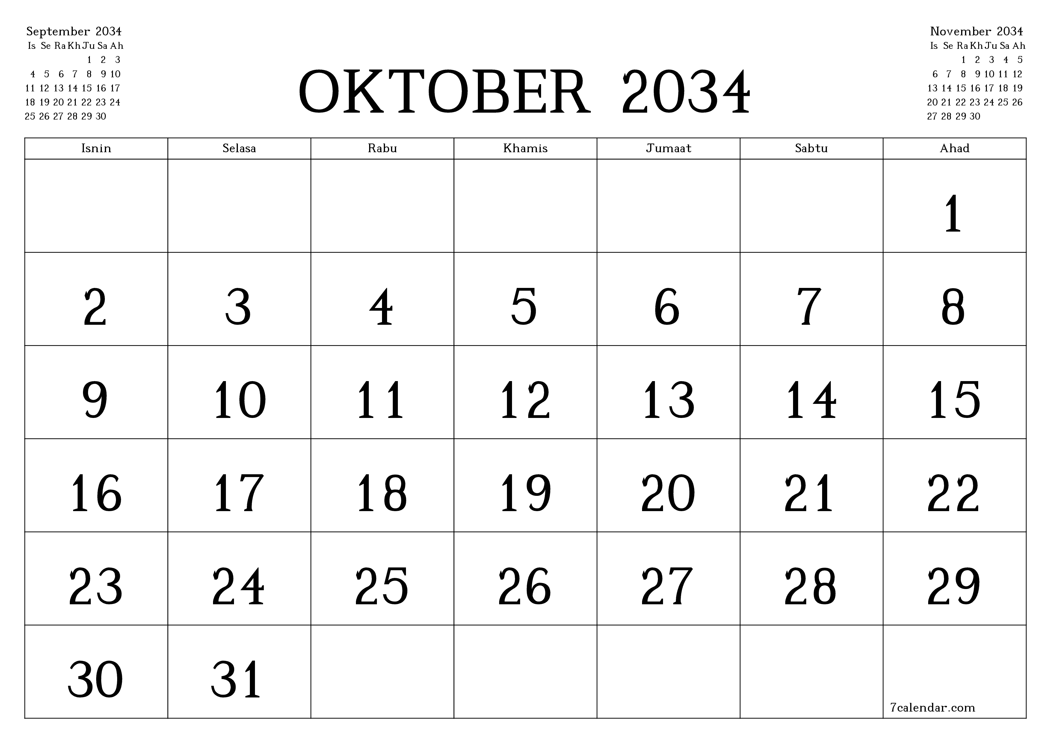 Perancang bulanan kosong untuk bulan Oktober 2034 dengan nota, simpan dan cetak ke PDF PNG Malay