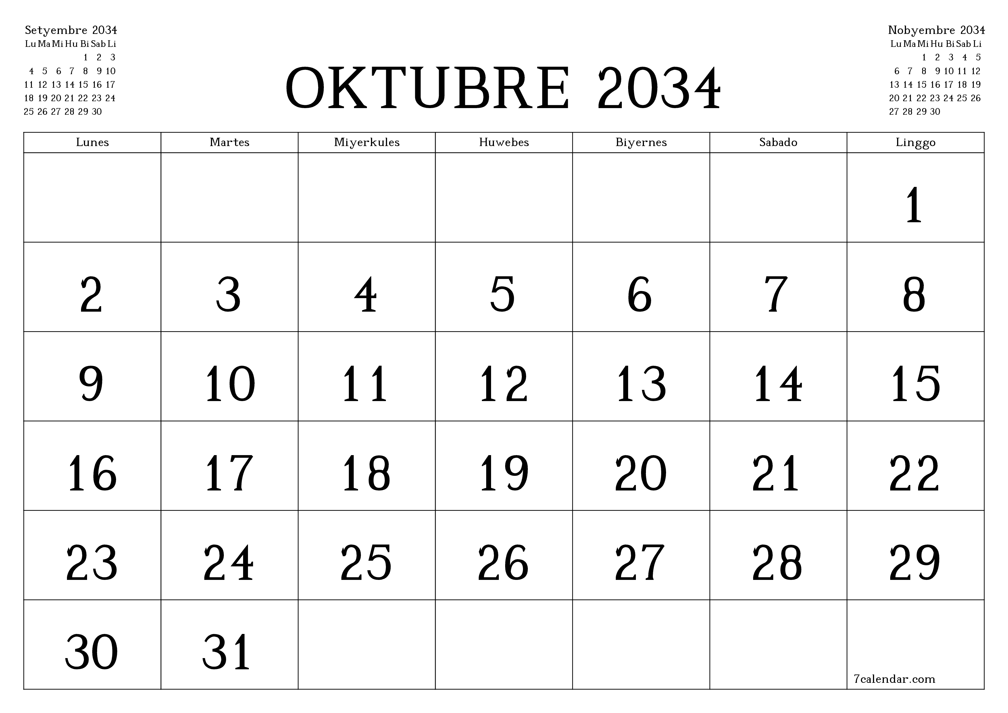 Walang laman na buwanang tagaplano para sa buwan na Oktubre 2034 na may mga tala, i-save at i-print sa PDF PNG Filipino