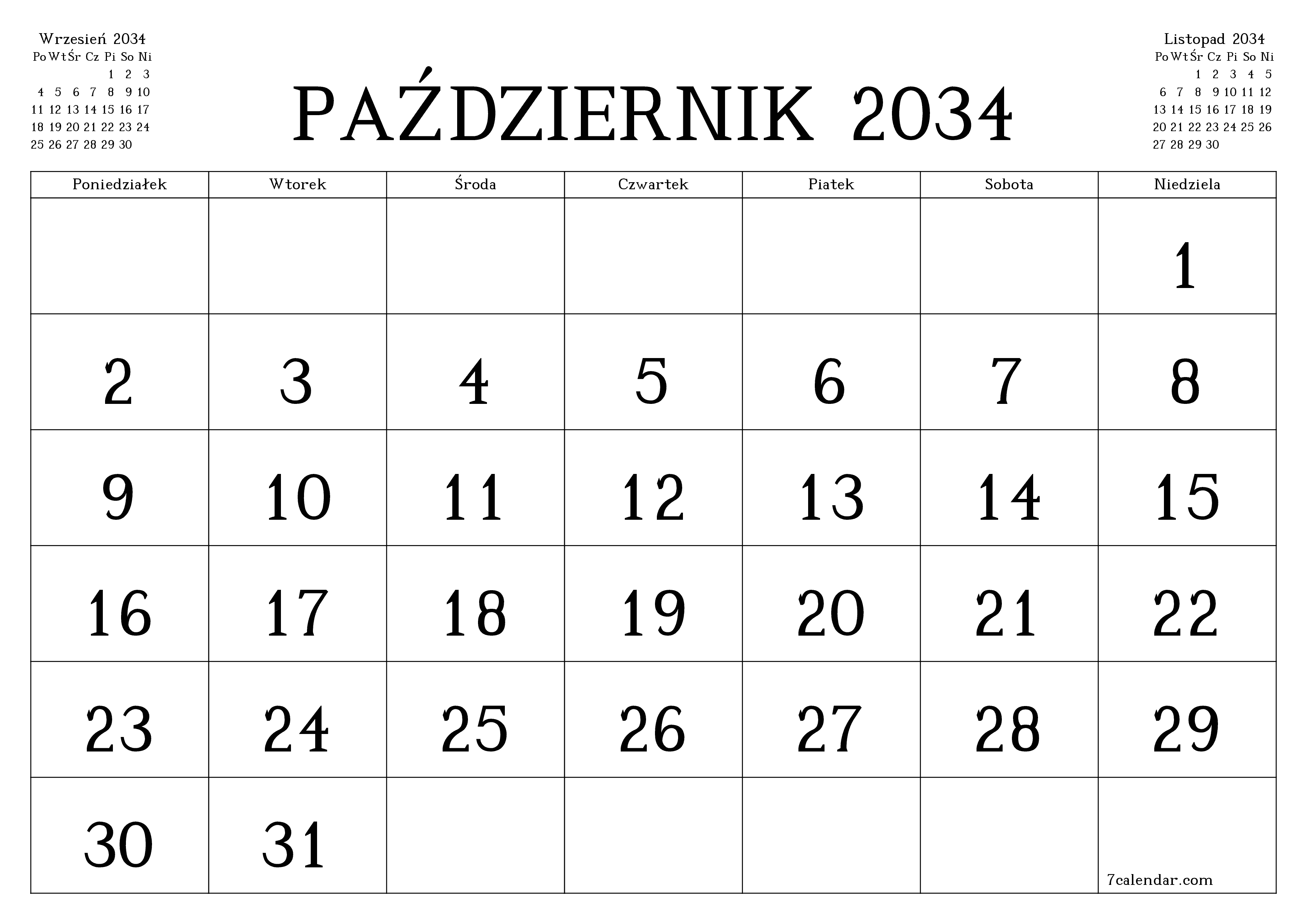 Opróżnij miesięczny planer na miesiąc Październik 2034 z notatkami, zapisz i wydrukuj w formacie PDF PNG Polish