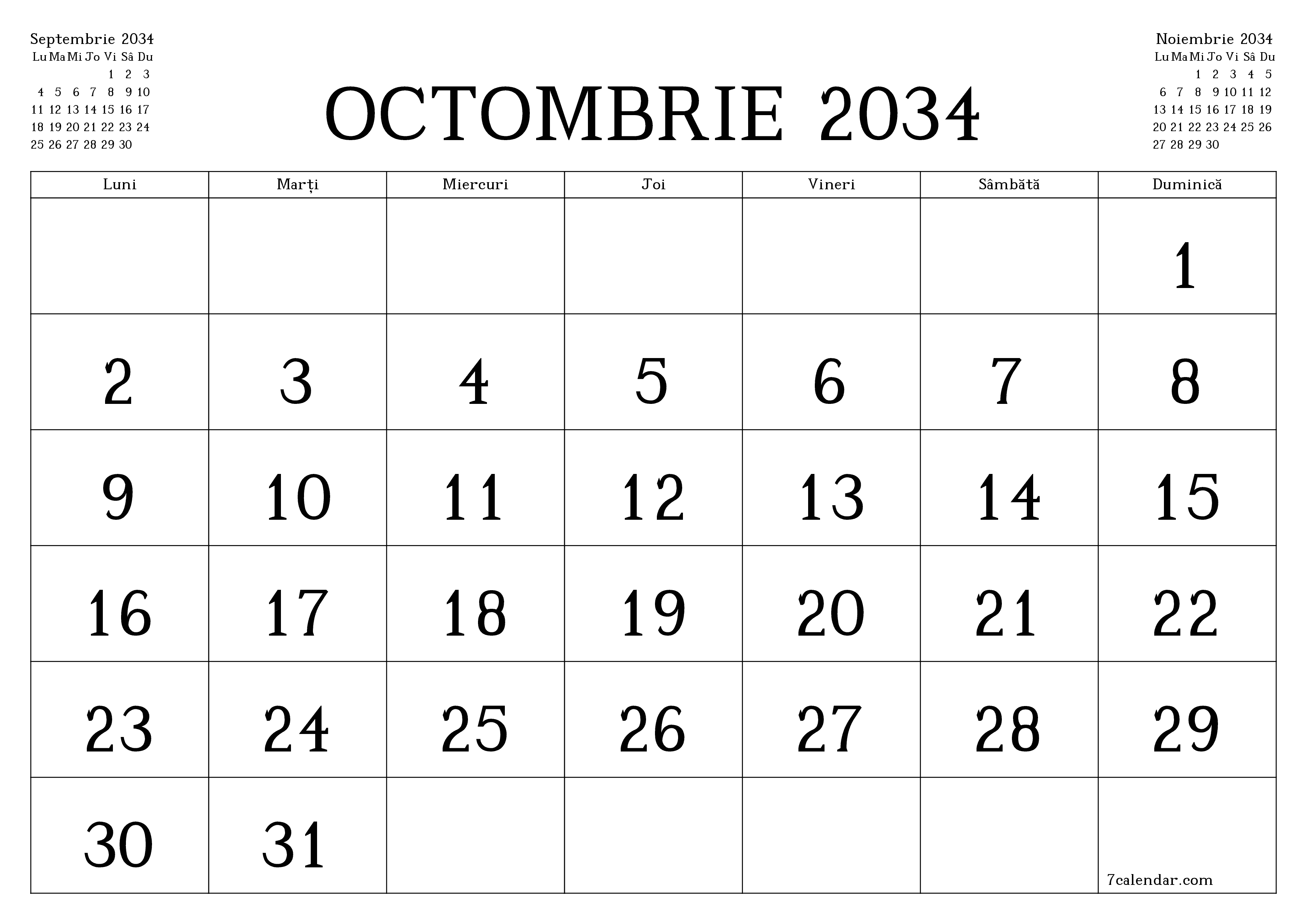 Planificator lunar gol pentru luna Octombrie 2034 cu note, salvați și tipăriți în PDF PNG Romanian