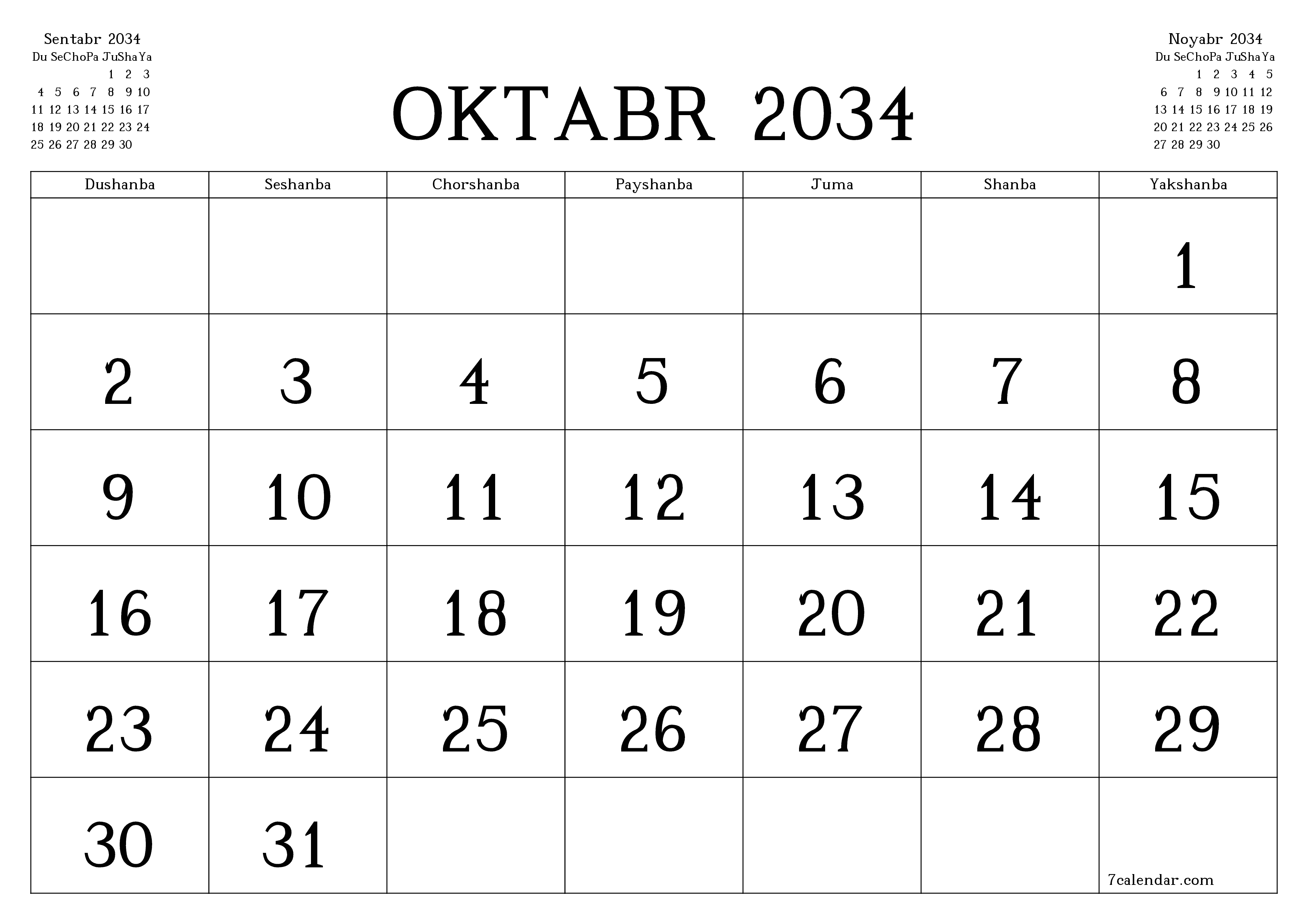 Oktabr 2034 oylik oylik rejalashtiruvchini yozuvlar bilan bo'shatish, saqlash va PDF-ga chop etish PNG Uzbek
