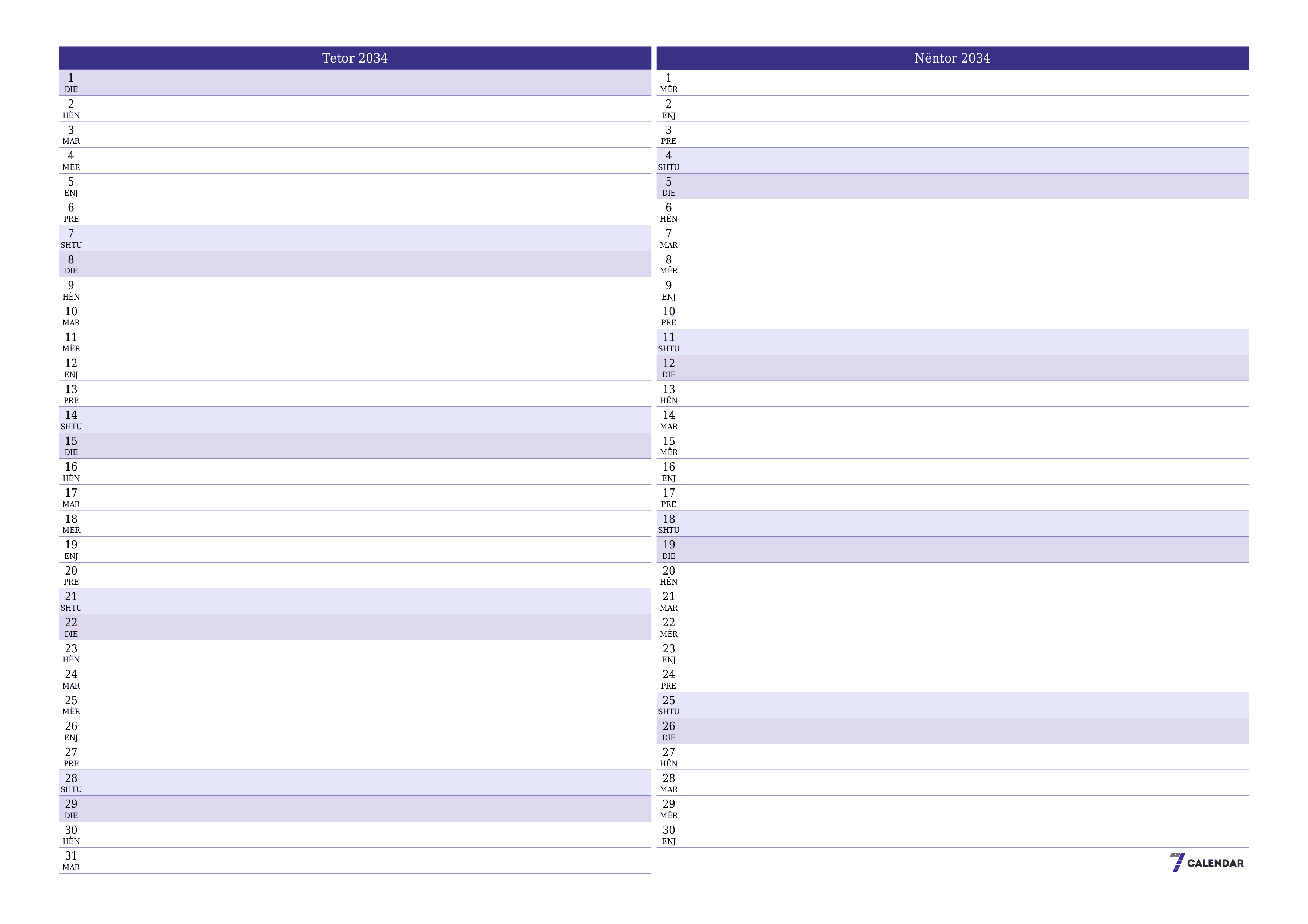 Planifikuesi i zbrazët i kalendarit mujor për muajin Tetor 2034 me shënime të ruajtura dhe të printuara në PDF PNG Albanian