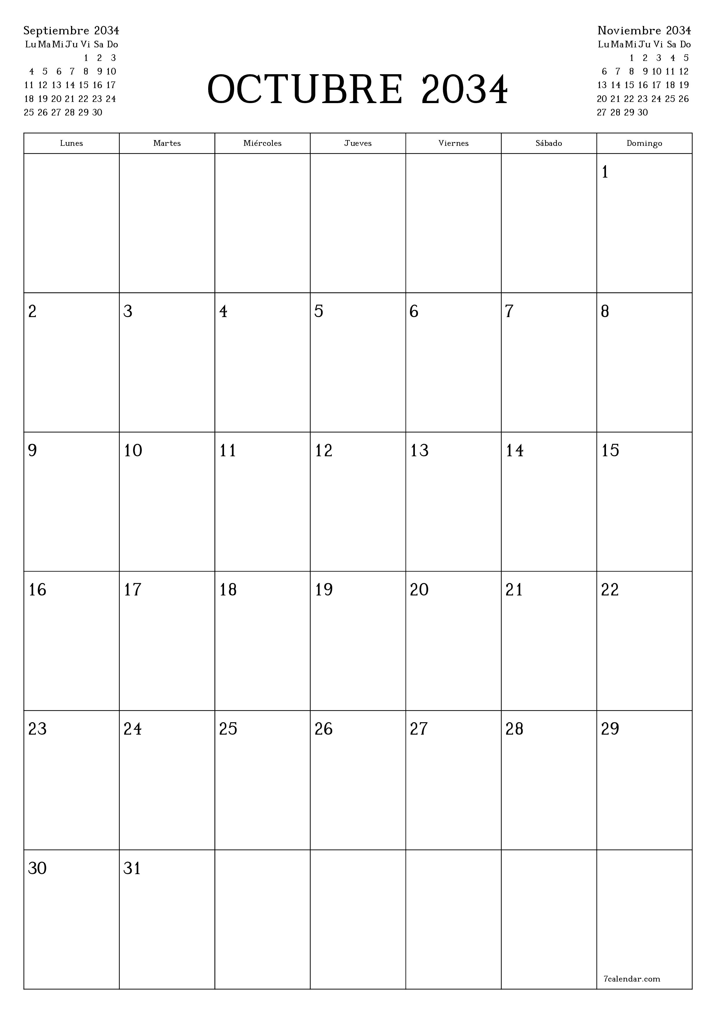  imprimible de pared plantilla de gratisvertical Mensual planificador calendario Octubre (Oct) 2034