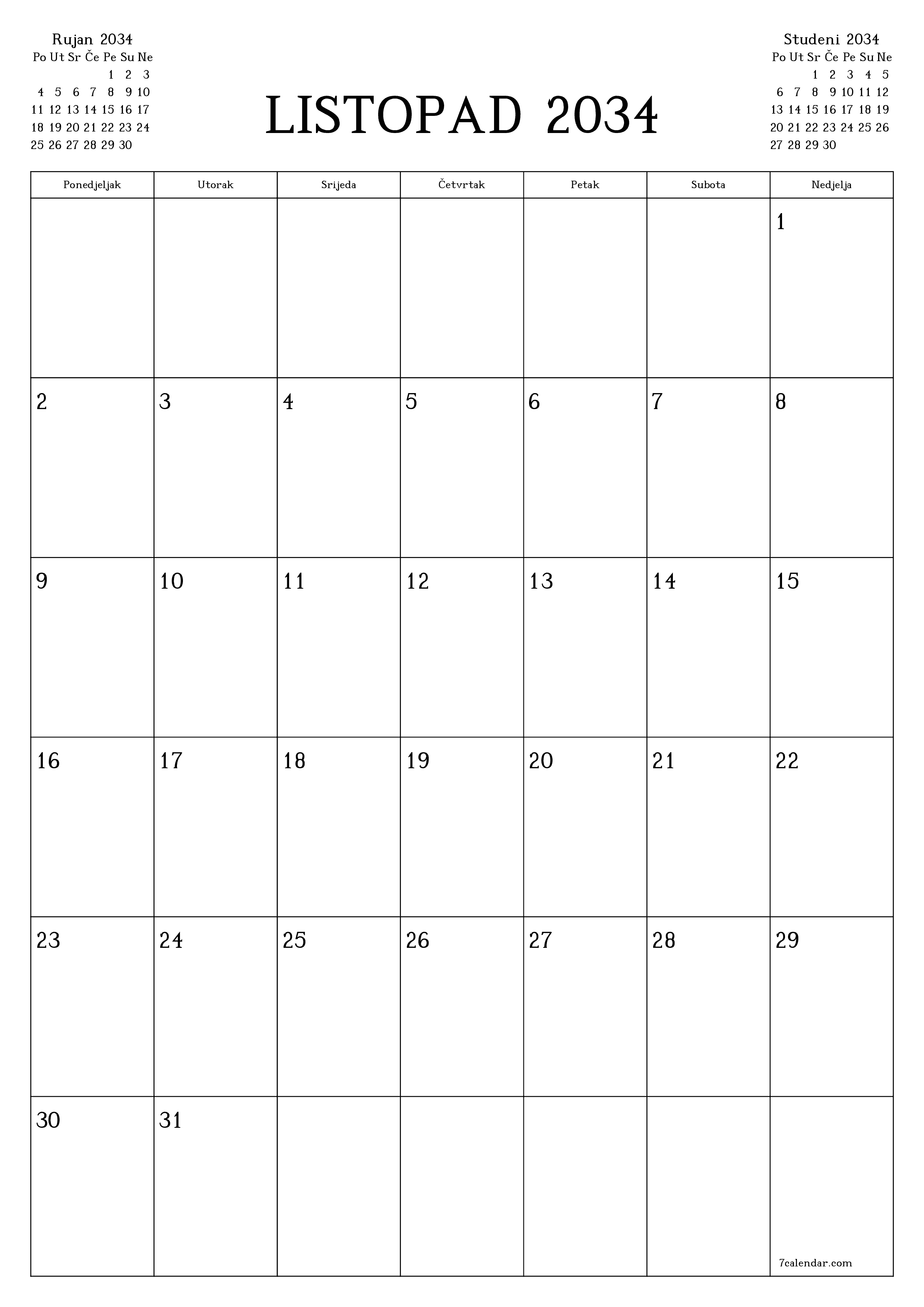  za ispis zidni predložak a besplatni okomito Mjesečni planer kalendar Listopad (Lis) 2034