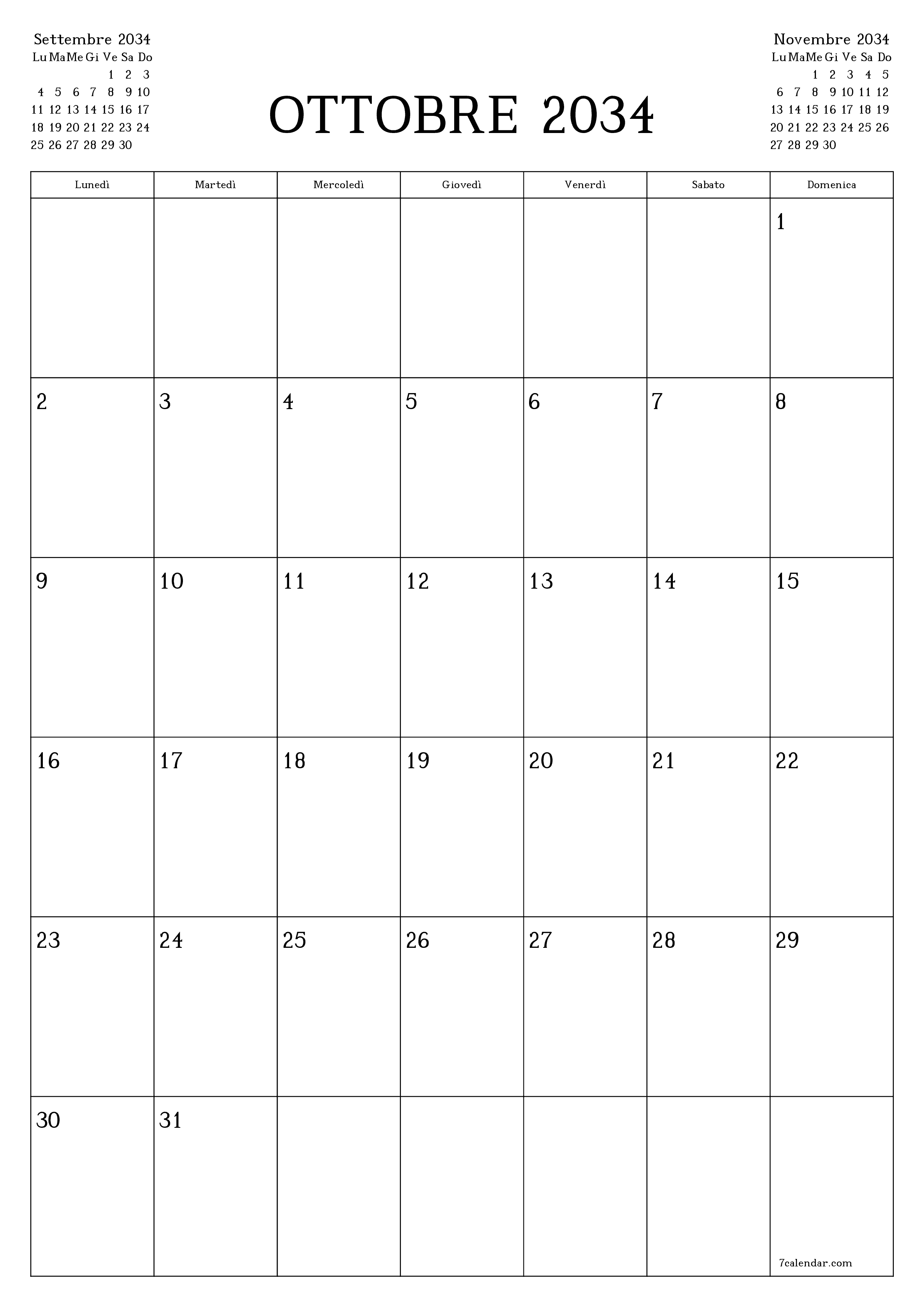 Pianificatore mensile vuoto per il mese Ottobre 2034 con note, salva e stampa in PDF PNG Italian
