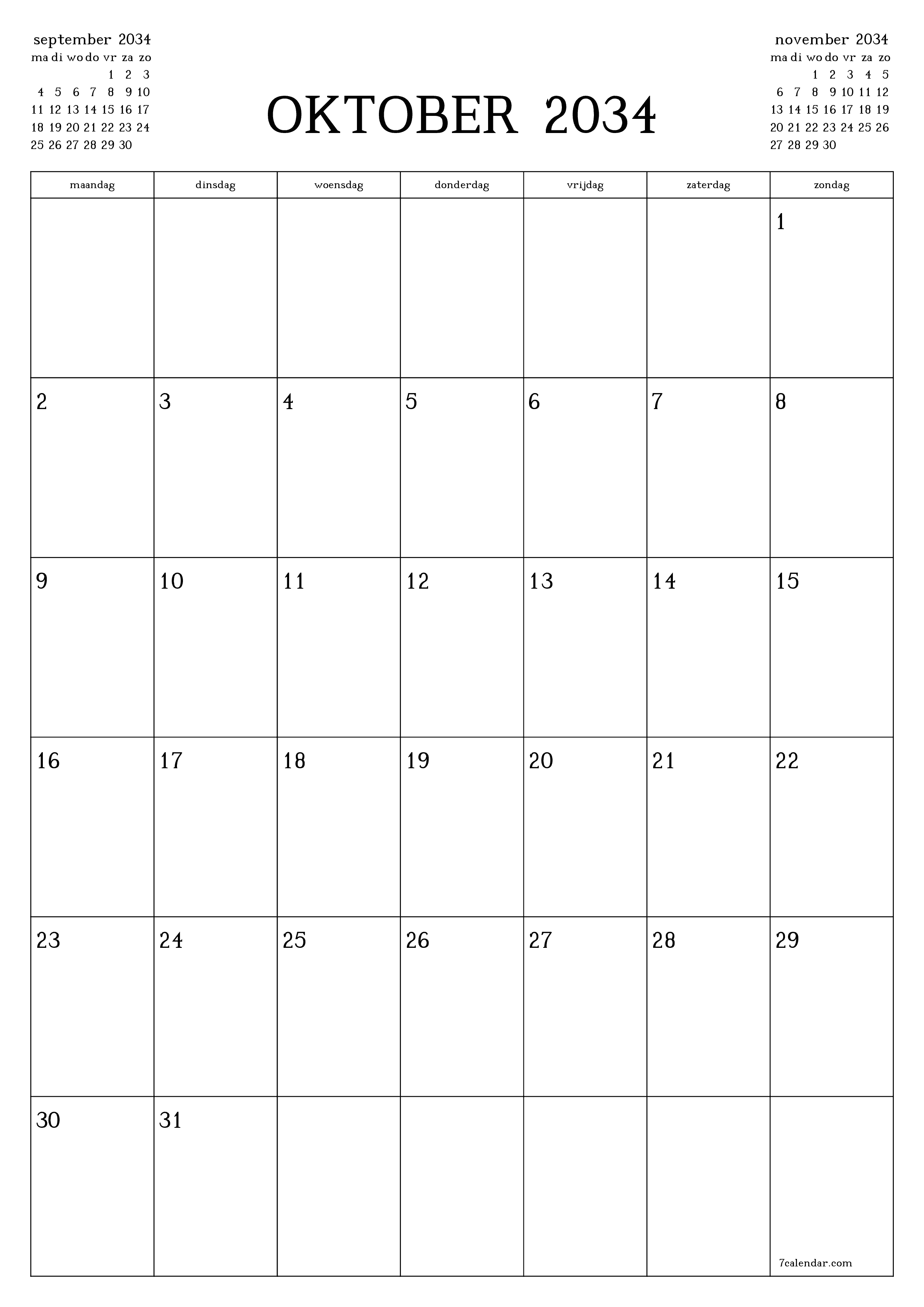 afdrukbare muur sjabloon gratis verticaal Maandelijks planner kalender oktober (okt) 2034