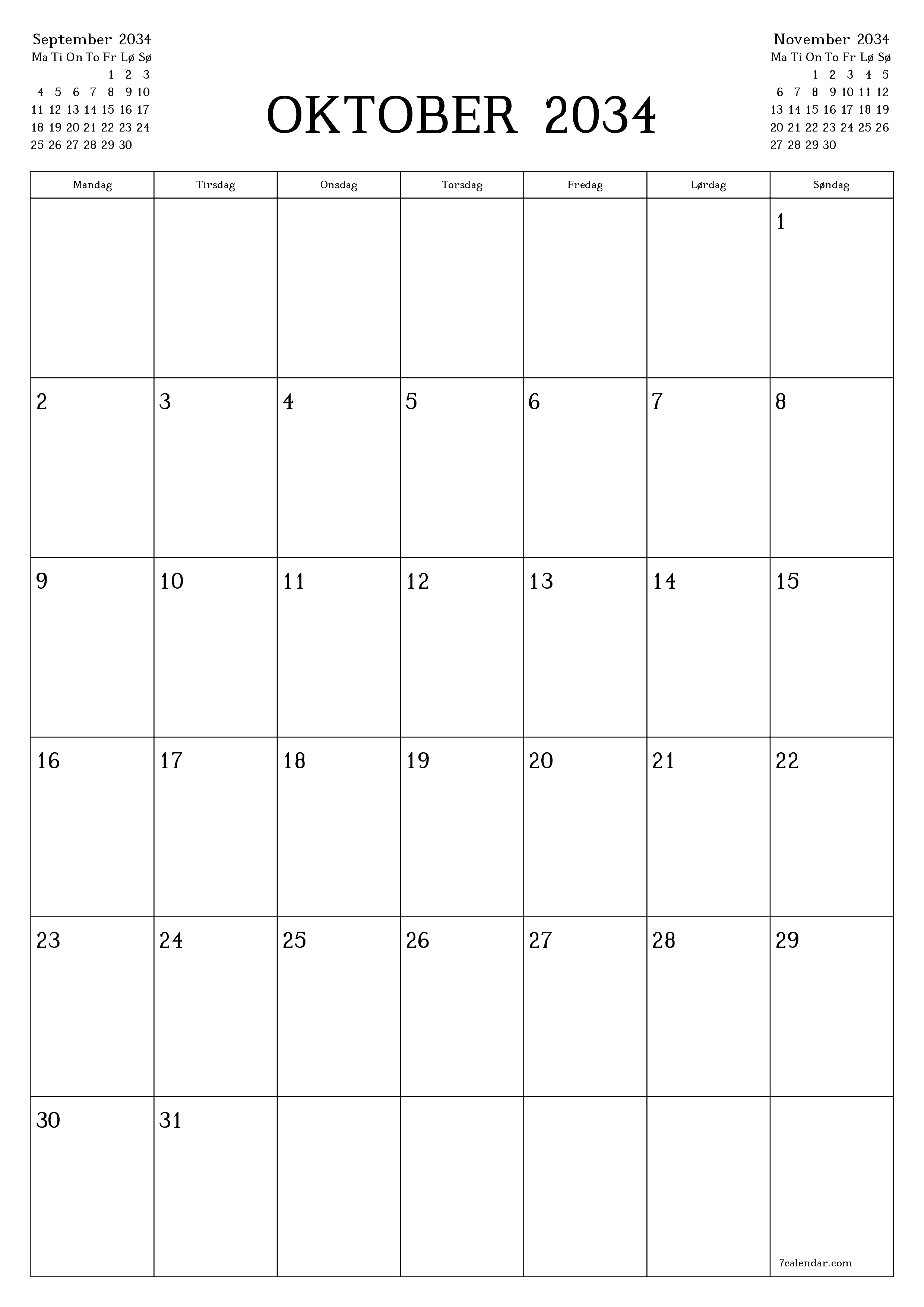 utskrivbar vegg mal gratis vertikal Månedlig planlegger kalender Oktober (Okt) 2034