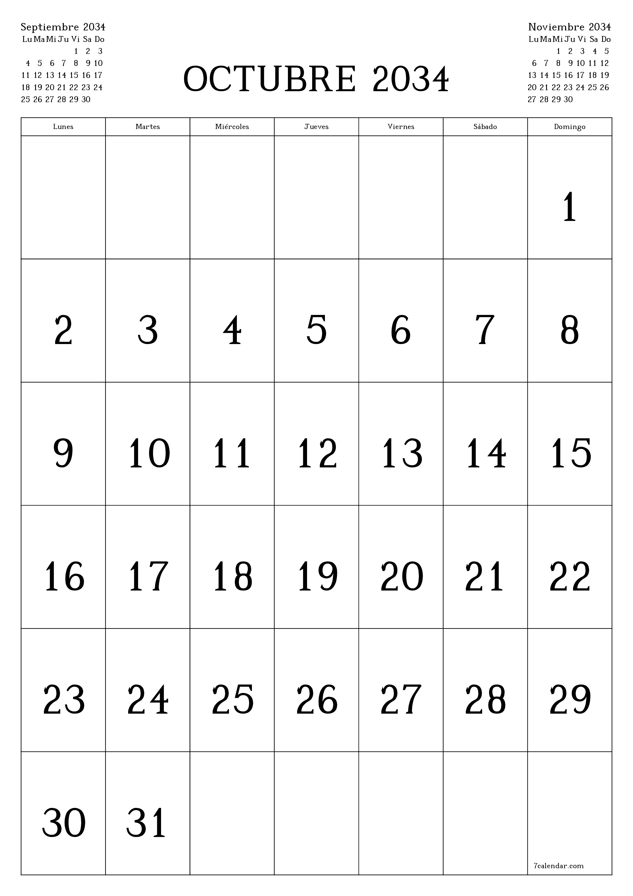  imprimible de pared plantilla de gratisvertical Mensual calendario Octubre (Oct) 2034