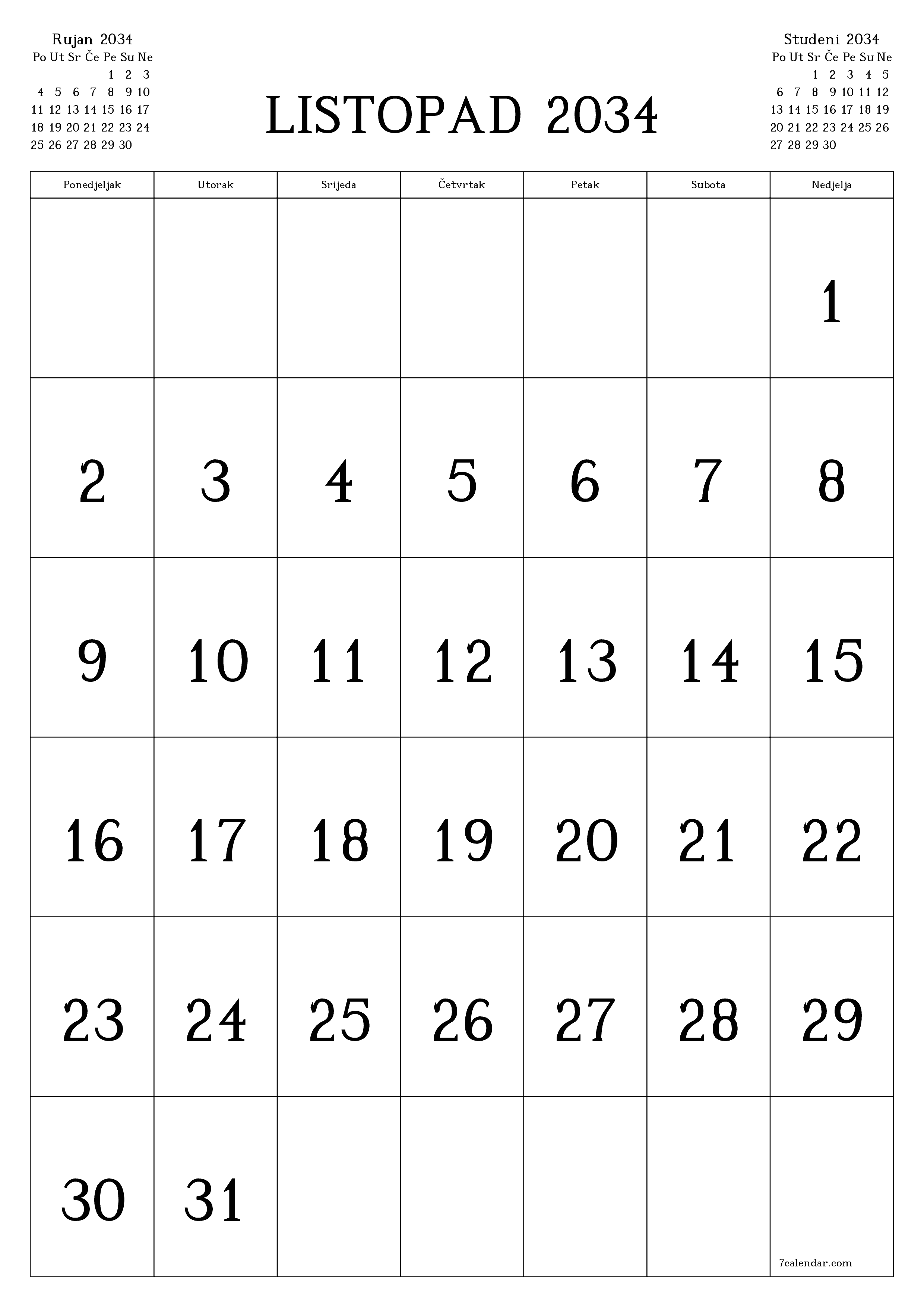  za ispis zidni predložak a besplatni okomito Mjesečni kalendar Listopad (Lis) 2034