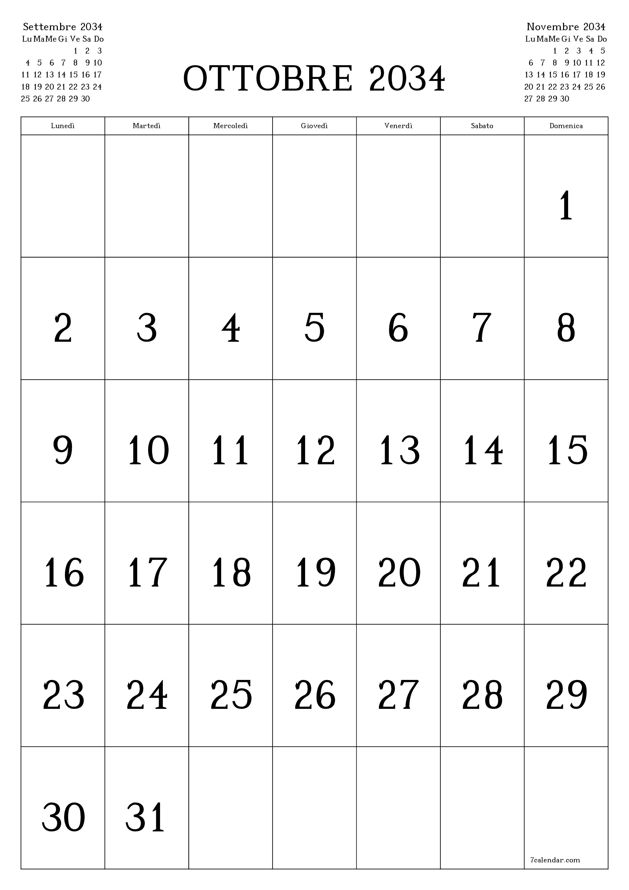 Pianificatore mensile vuoto per il mese Ottobre 2034 con note, salva e stampa in PDF PNG Italian