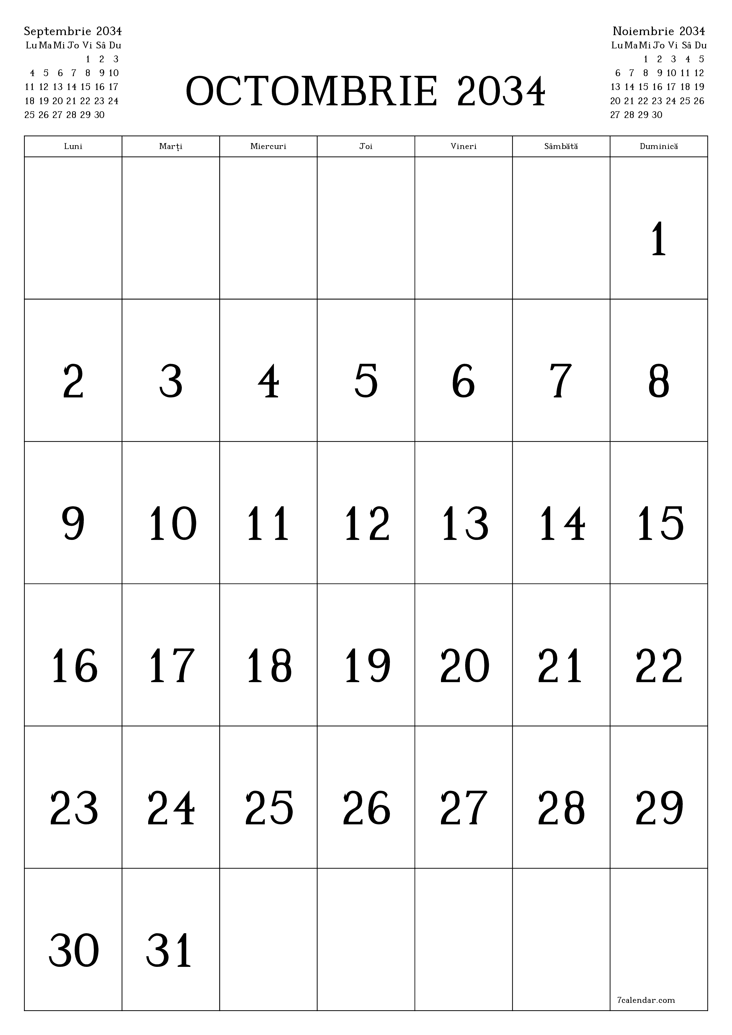  imprimabil de perete șablon de gratuitvertical Lunar calendar Octombrie (Oct) 2034