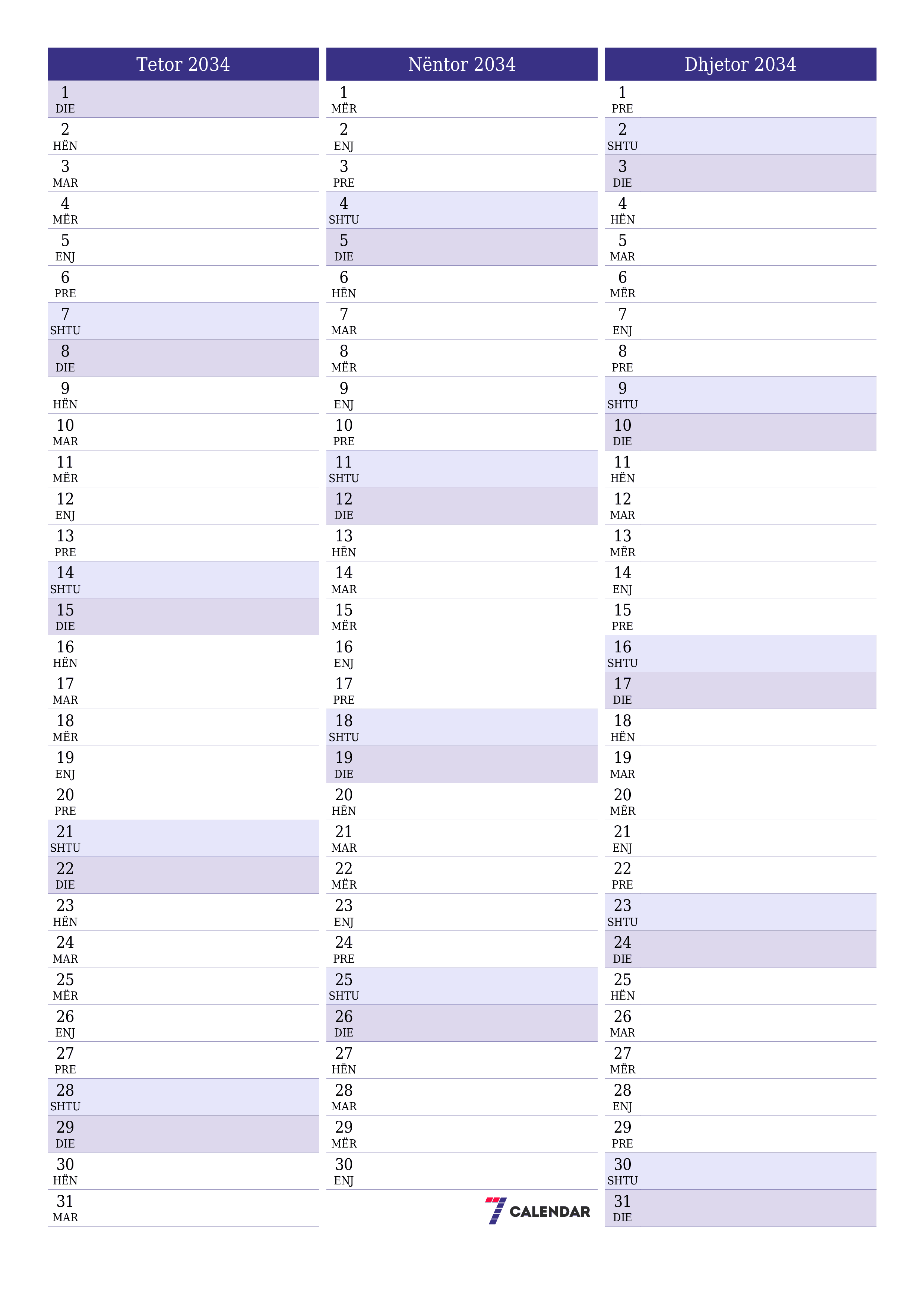 Planifikuesi i zbrazët i kalendarit mujor për muajin Tetor 2034 me shënime të ruajtura dhe të printuara në PDF PNG Albanian