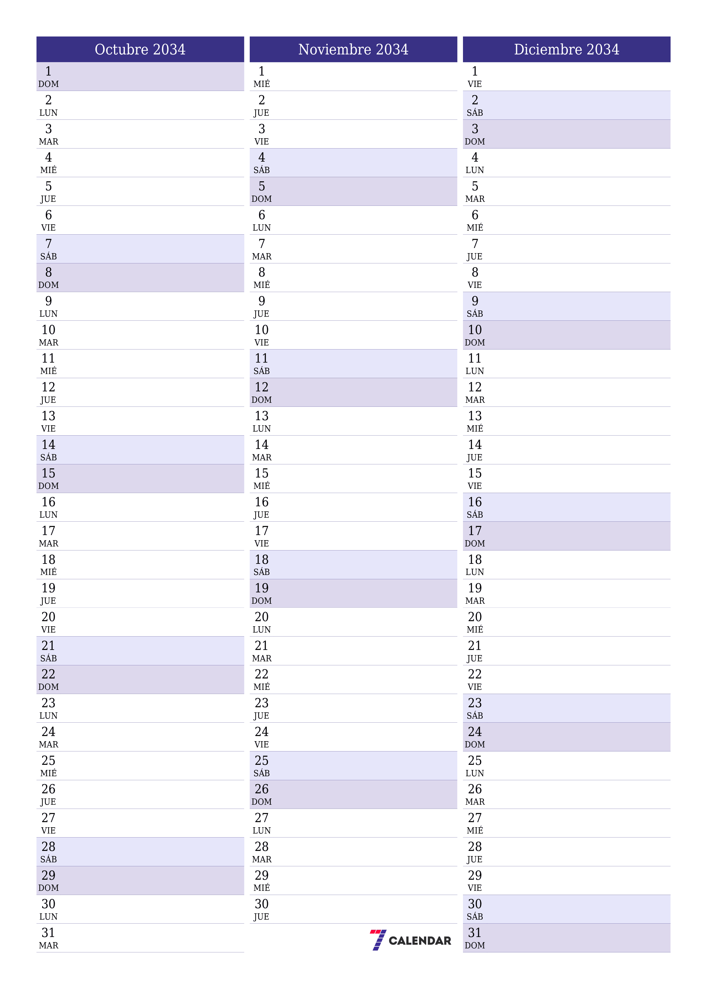  imprimible de pared plantilla de gratisvertical Mensual planificador calendario Octubre (Oct) 2034