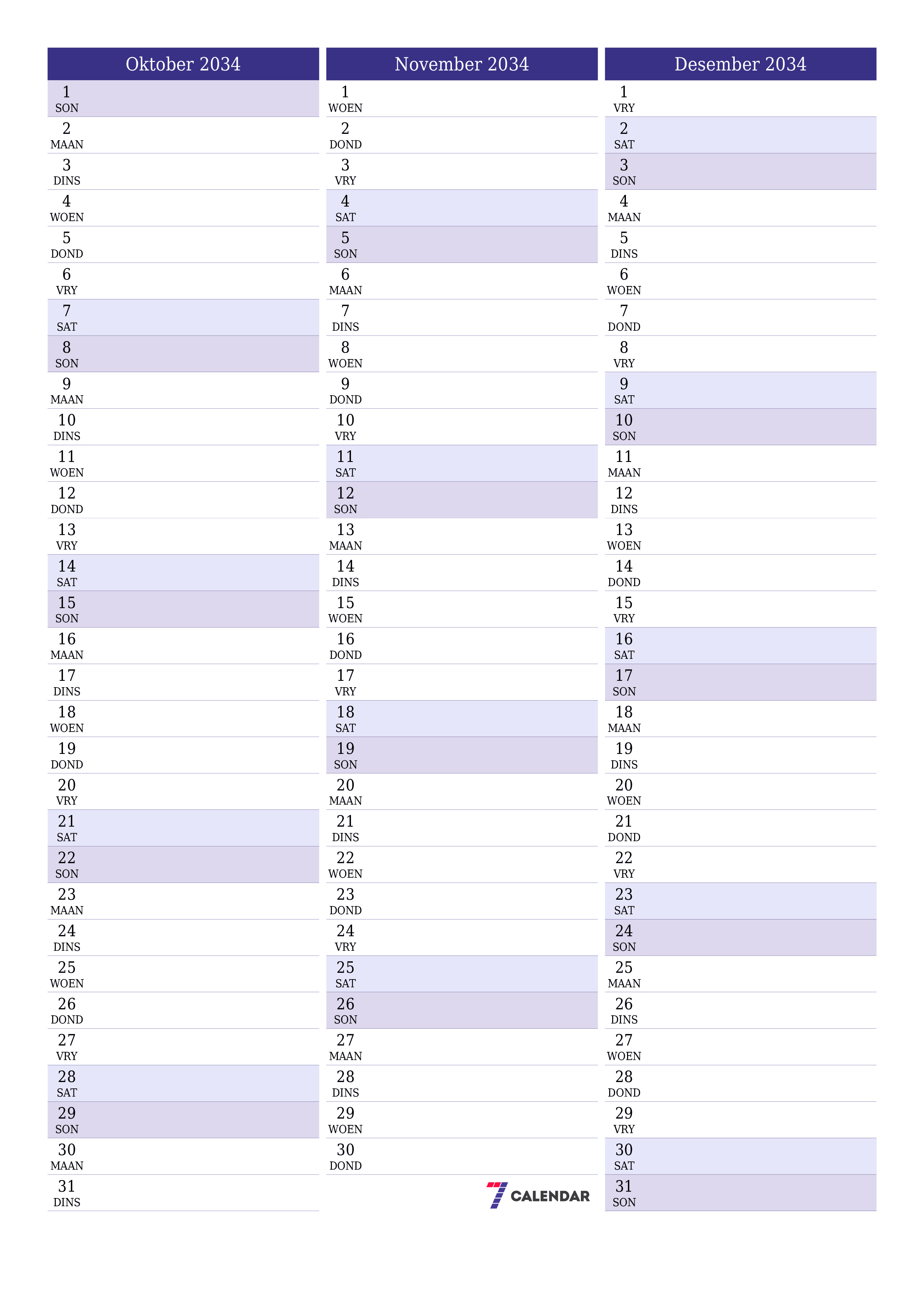 Leë maandelikse drukbare kalender en beplanner vir maand Oktober 2034 met notas stoor en druk na PDF PNG Afrikaans