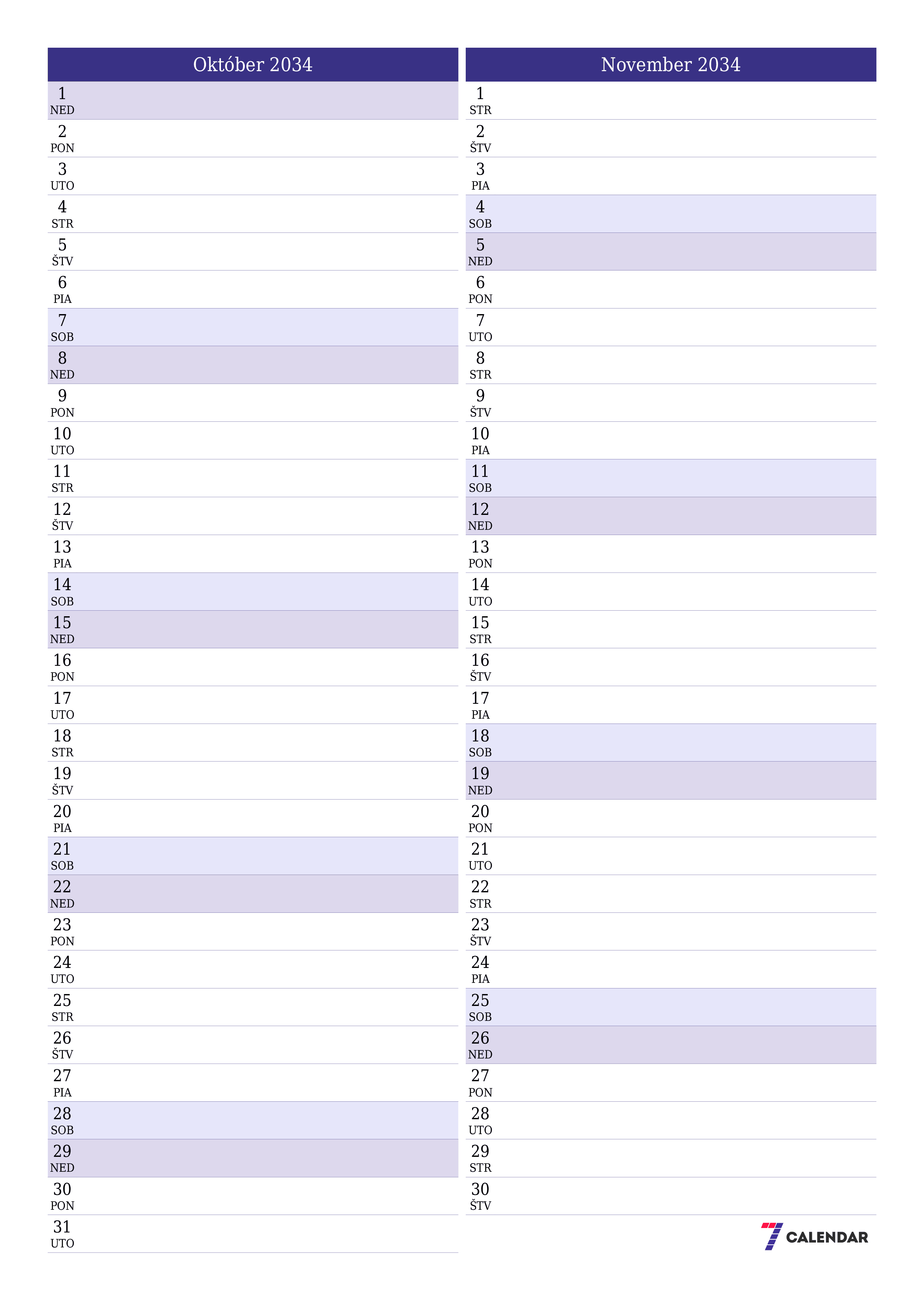 Prázdny mesačný plánovač na mesiac Október 2034 s poznámkami, uloženie a tlač do PDF PNG Slovak