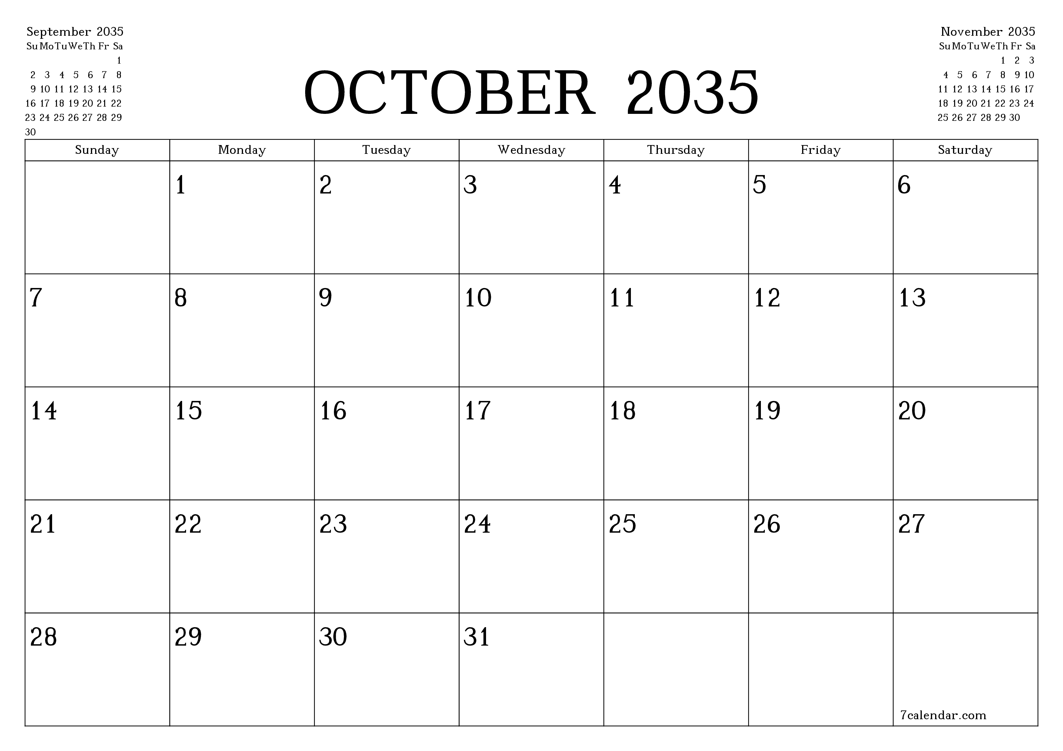 Blank calendar October 2035