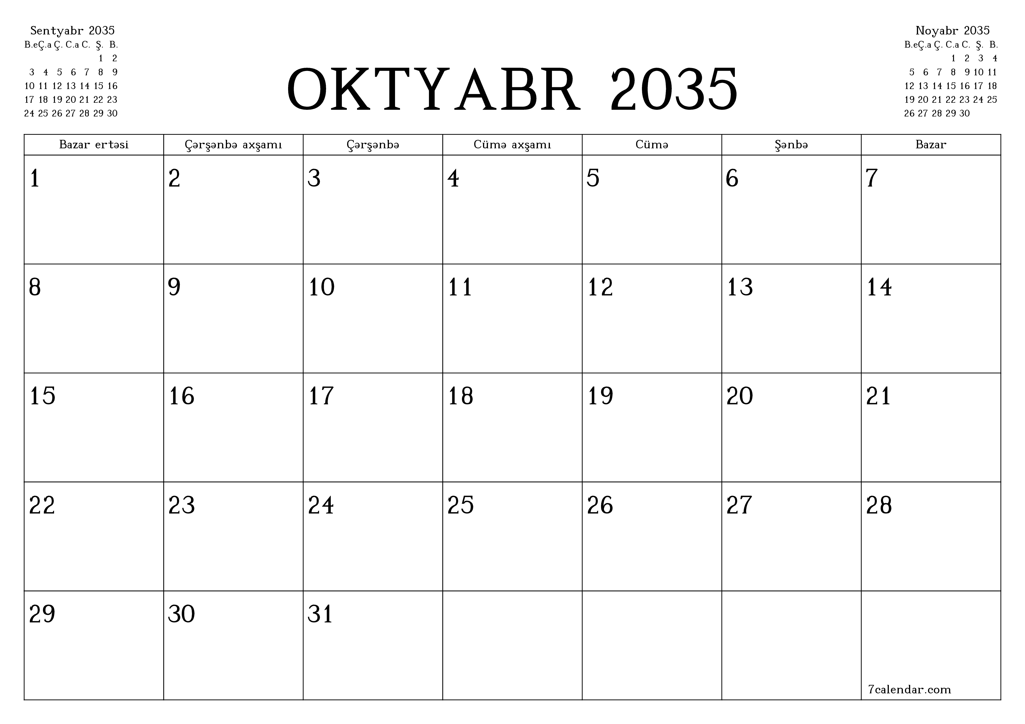 Oktyabr 2035 ayı üçün qeydlər ilə boş aylıq planlayıcı, qeyd edin və PDF-ə yazdırın PNG Azerbaijani