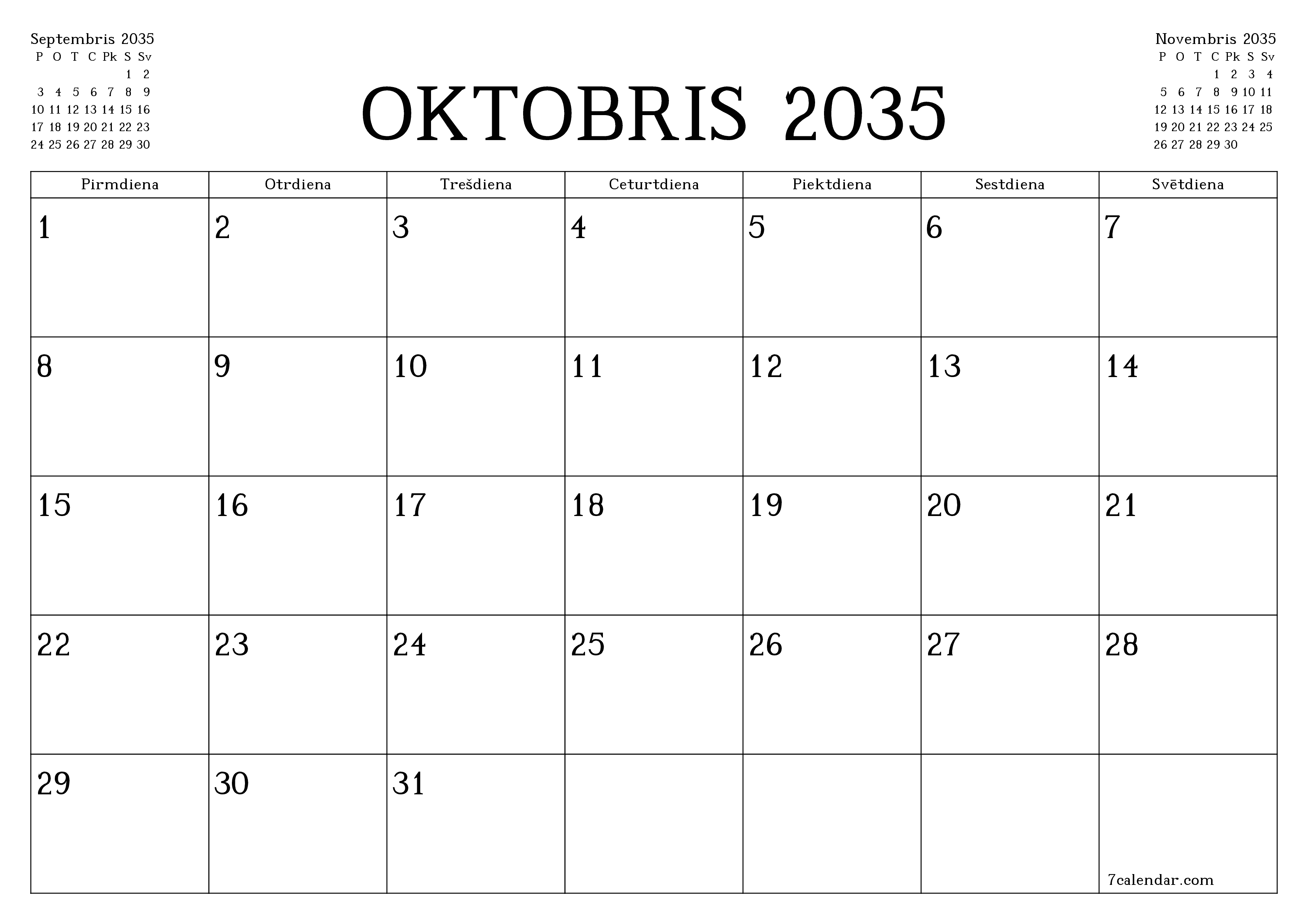 Iztukšot mēneša plānotāju mēnesim Oktobris 2035 ar piezīmēm, saglabāt un izdrukāt PDF formātā PNG Latvian