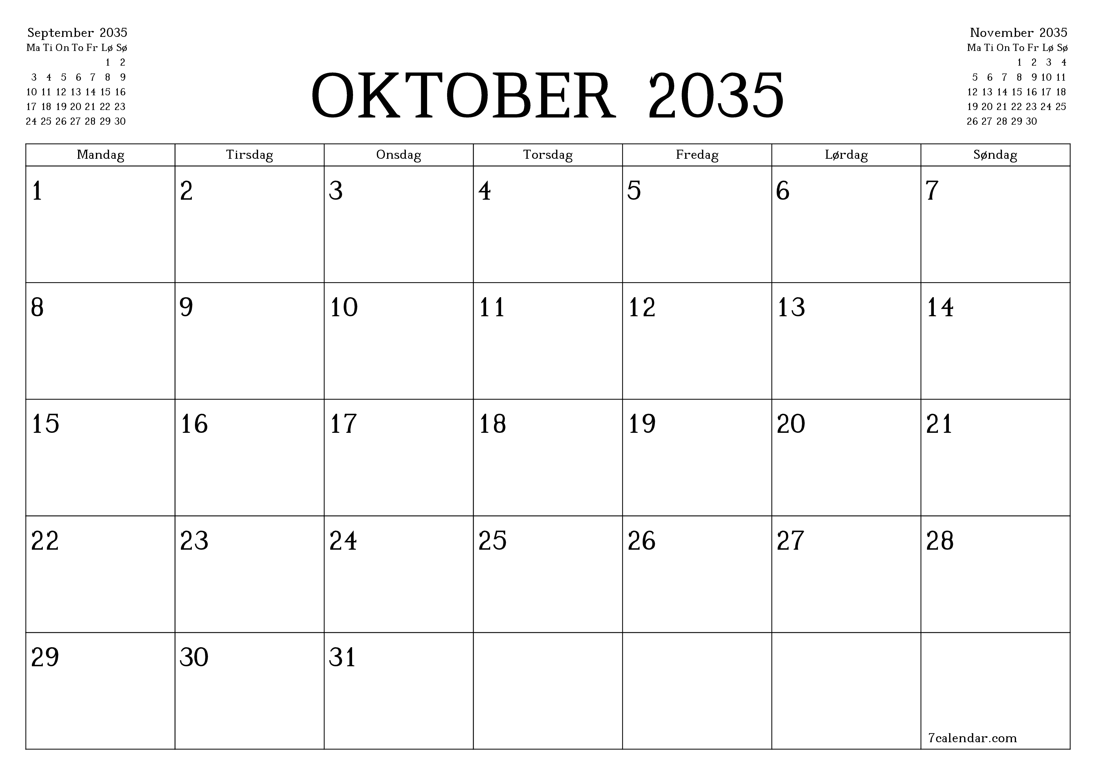 Tom månedlig planlegger for måned Oktober 2035 med notater, lagre og skriv ut til PDF PNG Norwegian