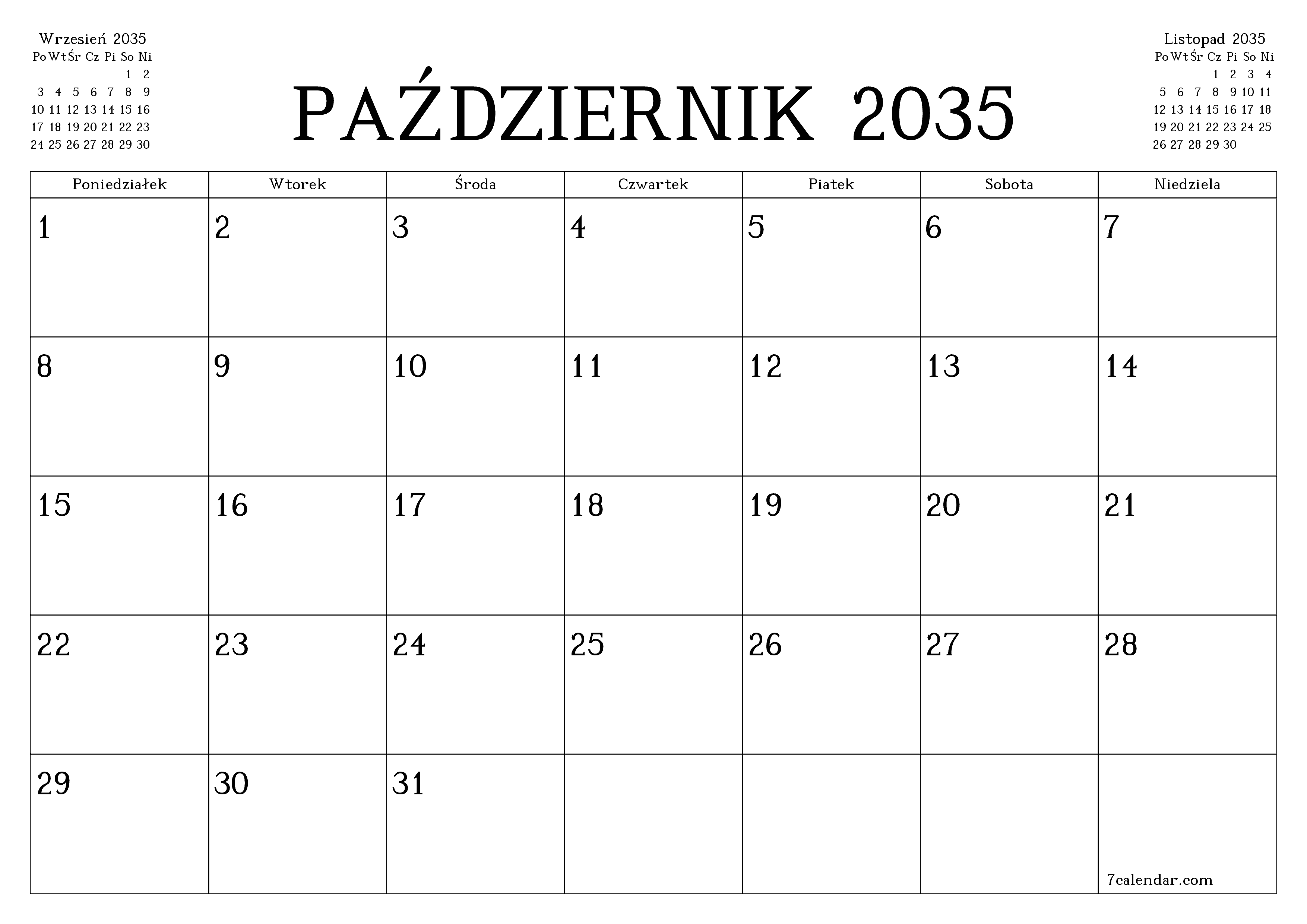 Opróżnij miesięczny planer na miesiąc Październik 2035 z notatkami, zapisz i wydrukuj w formacie PDF PNG Polish