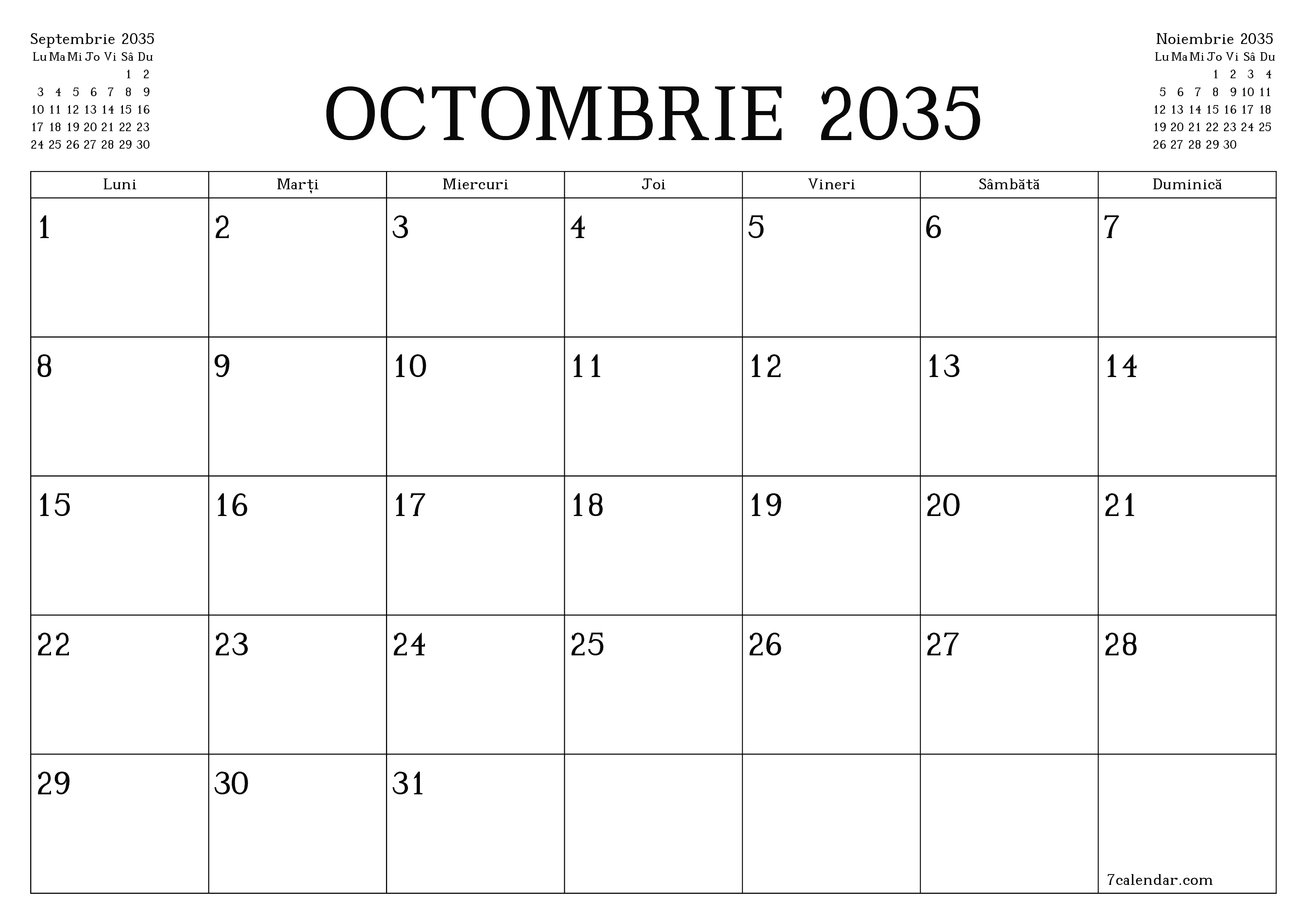 Planificator lunar gol pentru luna Octombrie 2035 cu note, salvați și tipăriți în PDF PNG Romanian