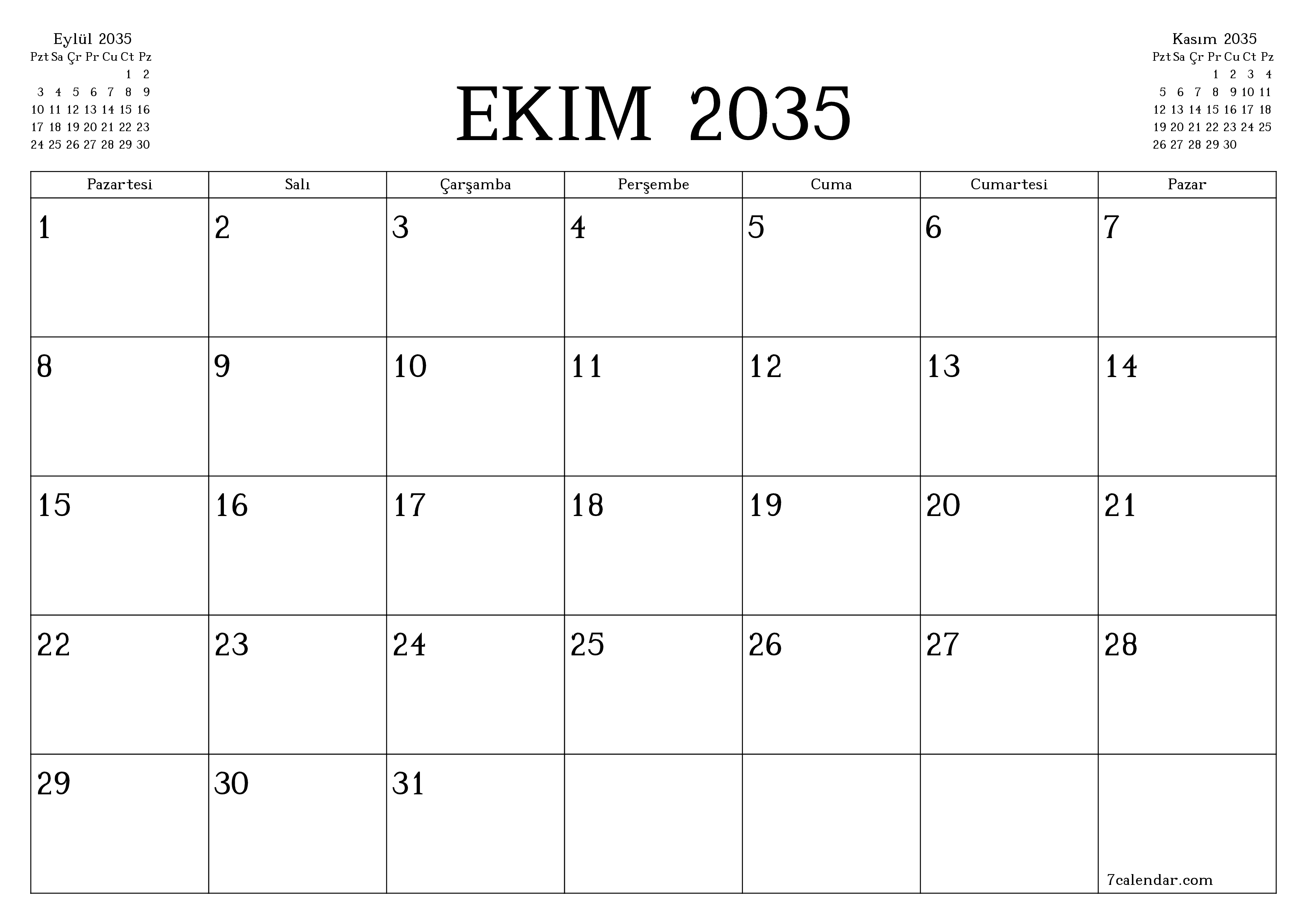 Ekim 2035 ayı için notlarla birlikte boş aylık planlayıcı, kaydedin ve PDF'ye yazdırın PNG Turkish