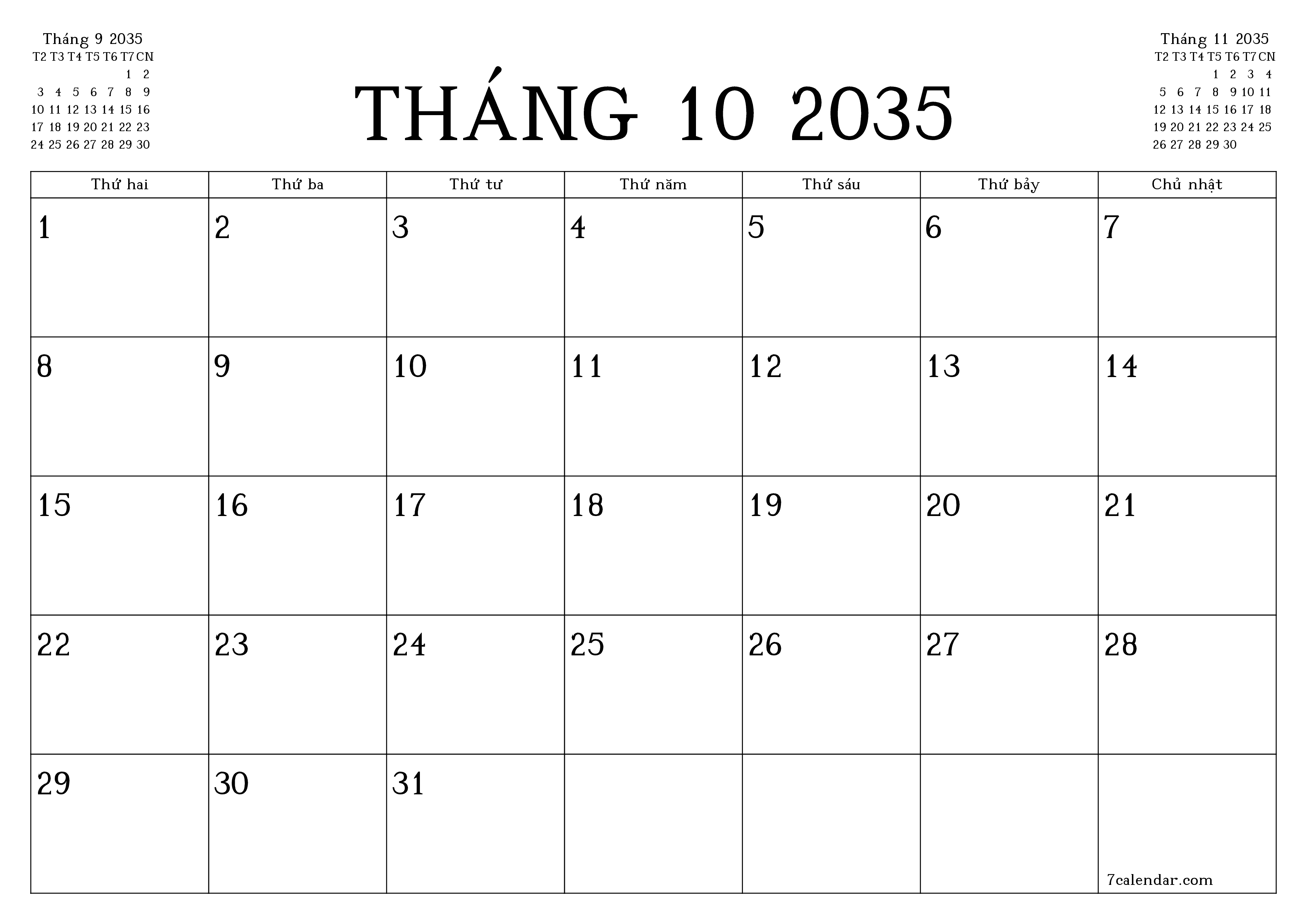 Công cụ lập kế hoạch hàng tháng trống cho tháng Tháng 10 2035 có ghi chú, lưu và in sang PDF PNG Vietnamese