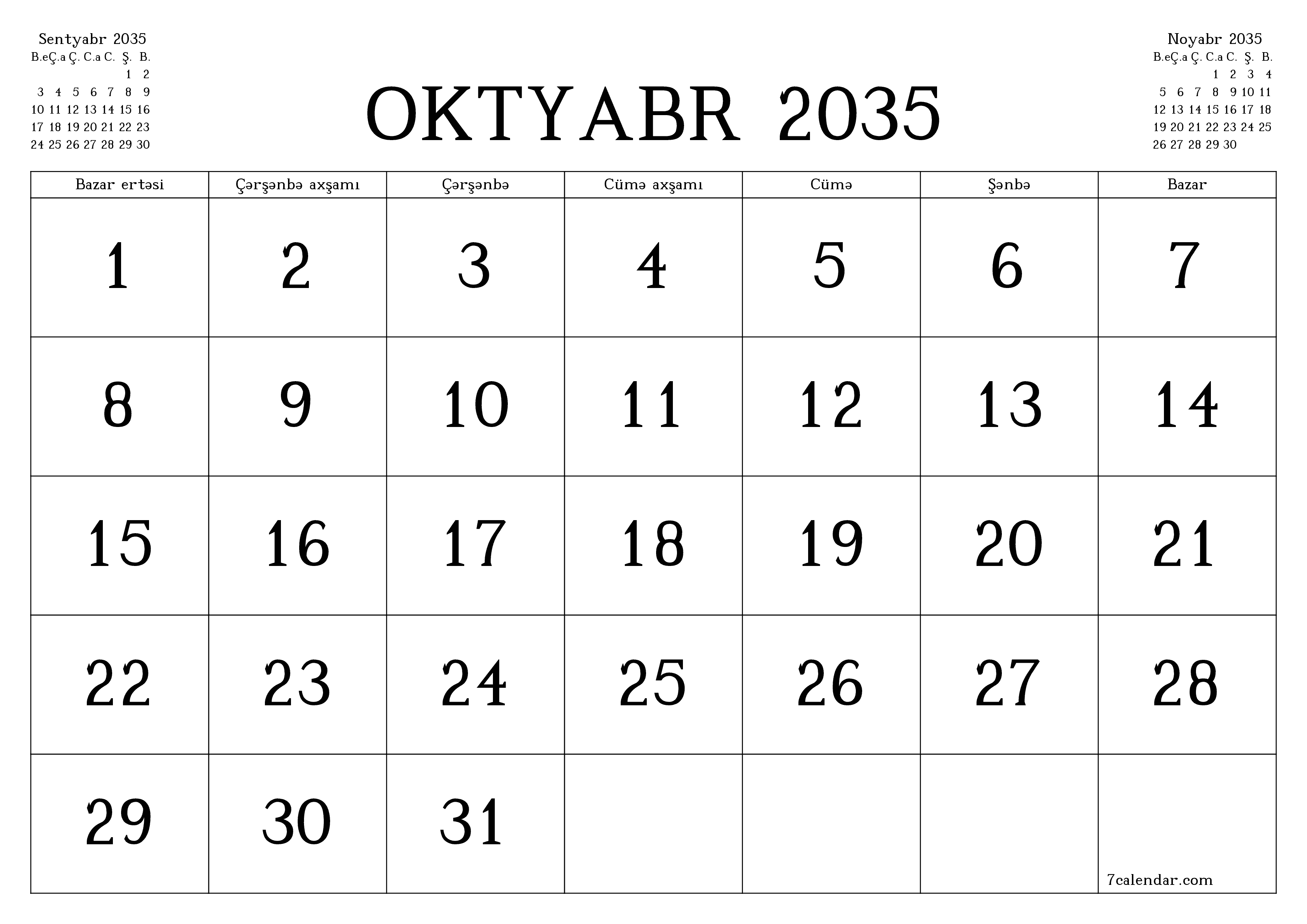 Oktyabr 2035 ayı üçün qeydlər ilə boş aylıq planlayıcı, qeyd edin və PDF-ə yazdırın PNG Azerbaijani