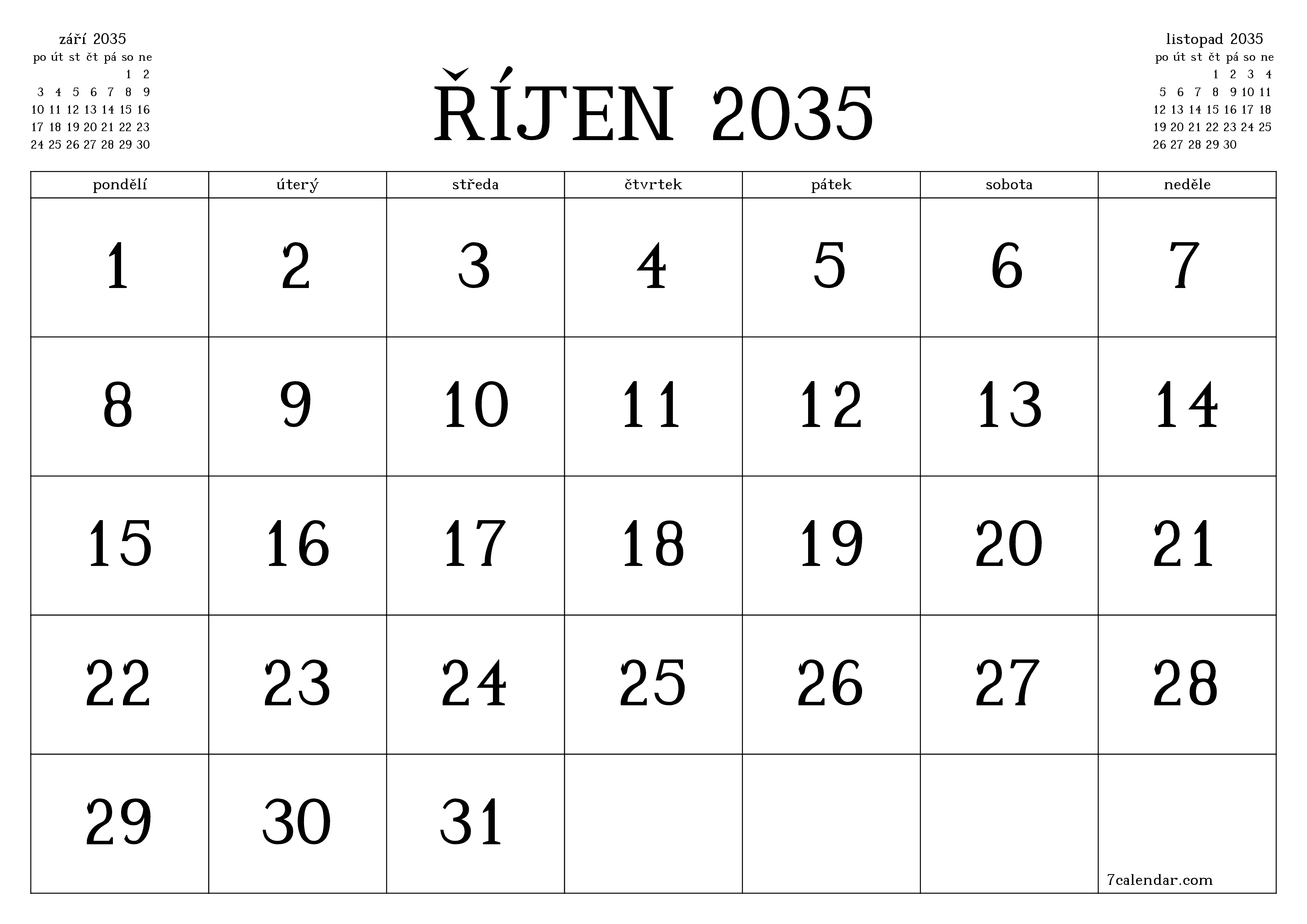 Vyprázdnit měsíční plánovač na měsíc říjen 2035 s poznámkami, uložit a vytisknout do PDF PNG Czech