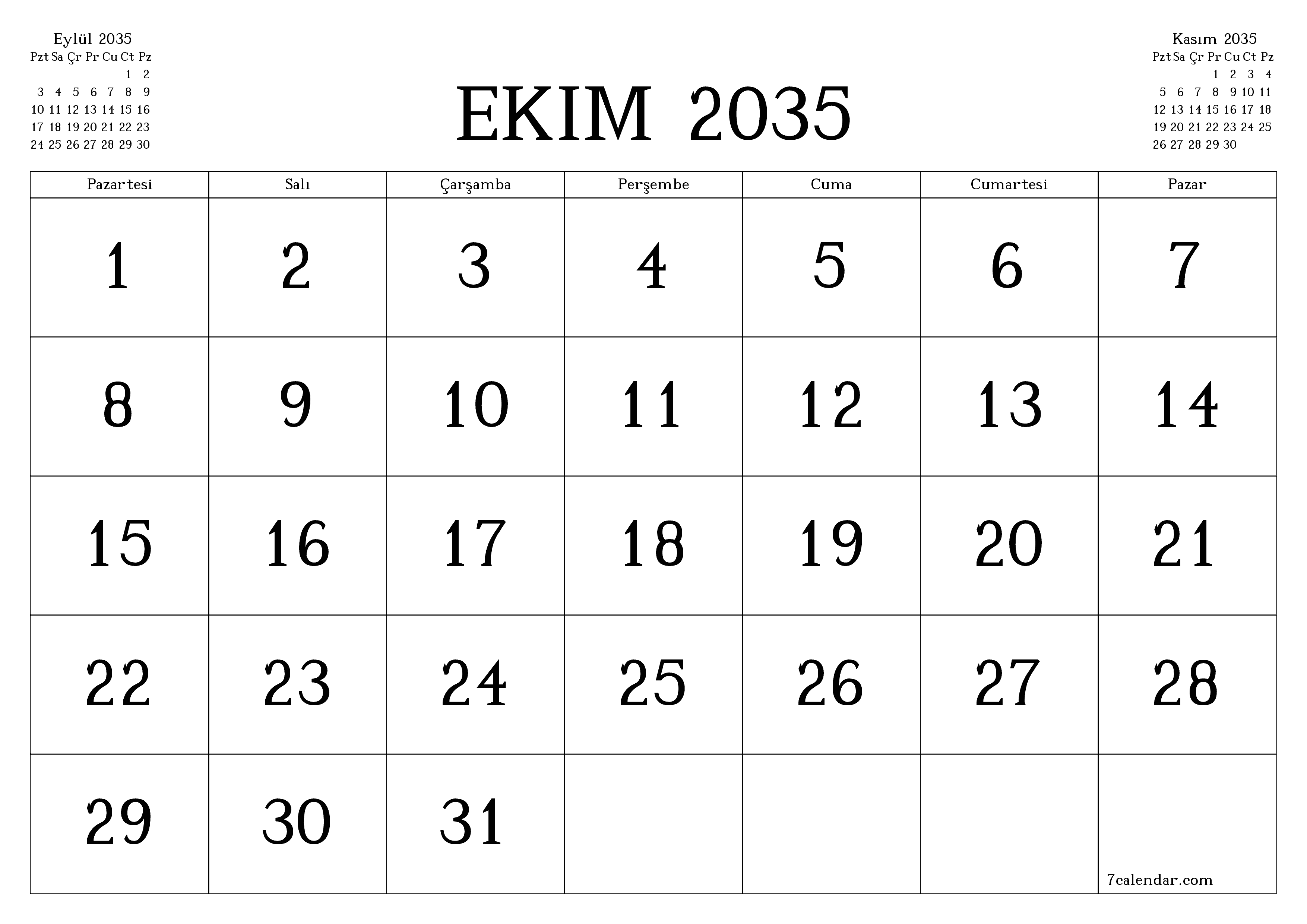 Ekim 2035 ayı için notlarla birlikte boş aylık planlayıcı, kaydedin ve PDF'ye yazdırın PNG Turkish