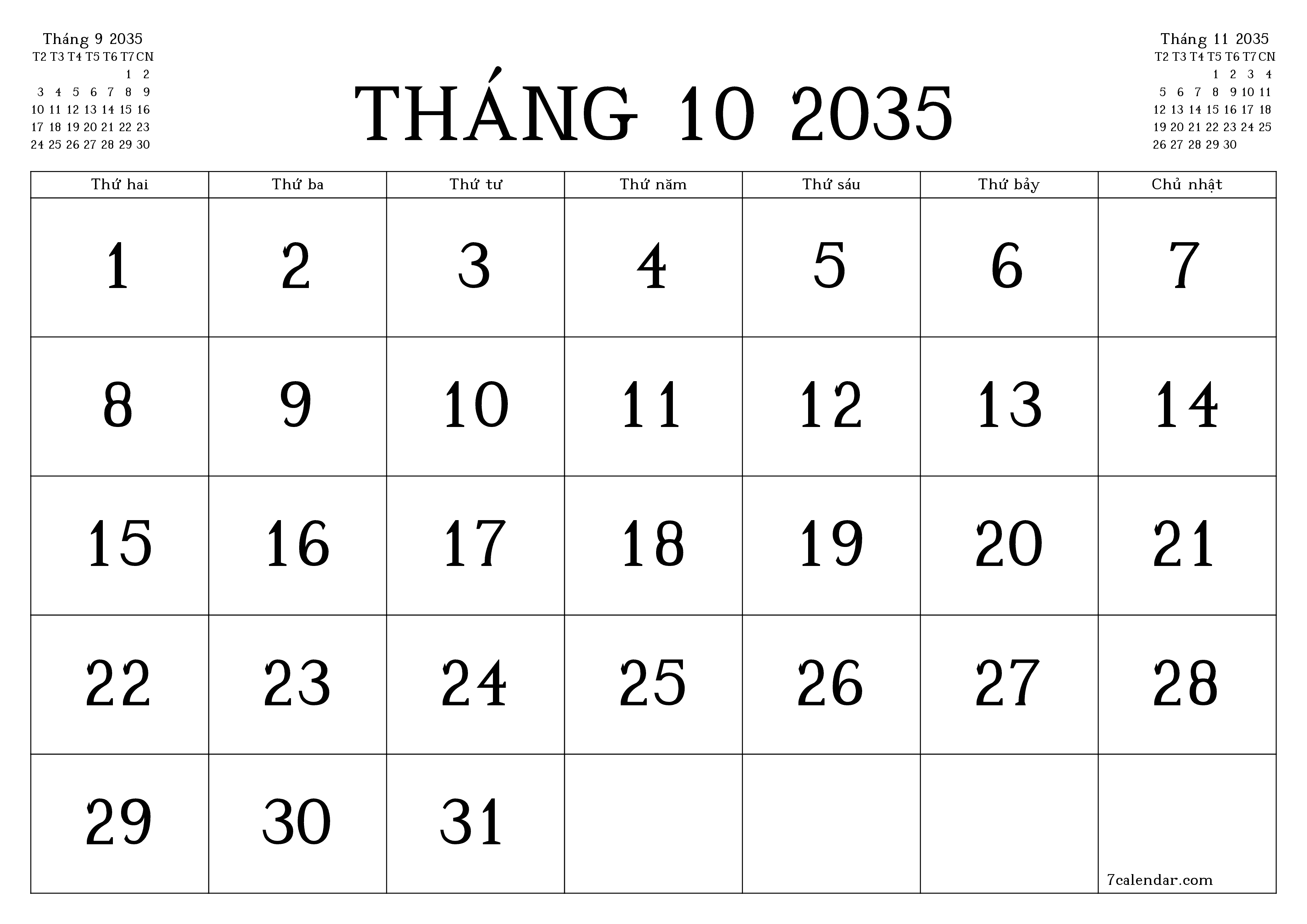 Công cụ lập kế hoạch hàng tháng trống cho tháng Tháng 10 2035 có ghi chú, lưu và in sang PDF PNG Vietnamese