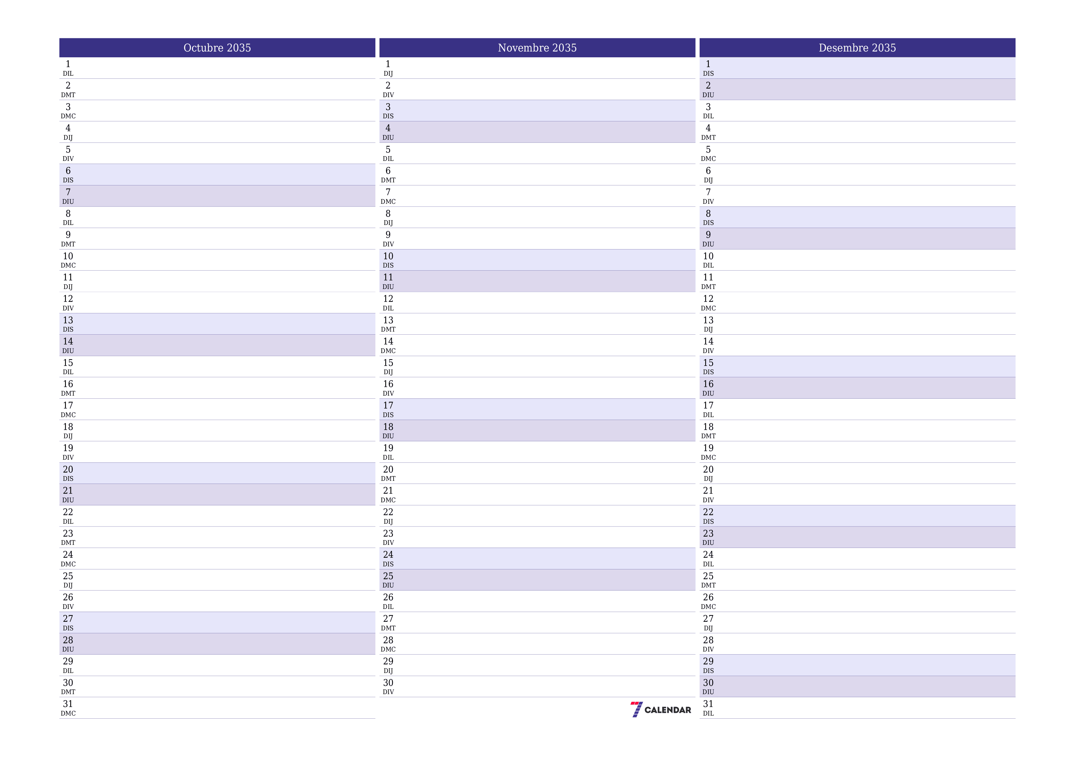 Planificador mensual buit del mes Octubre 2035 amb notes, deseu-lo i imprimiu-lo en format PDF PNG Catalan