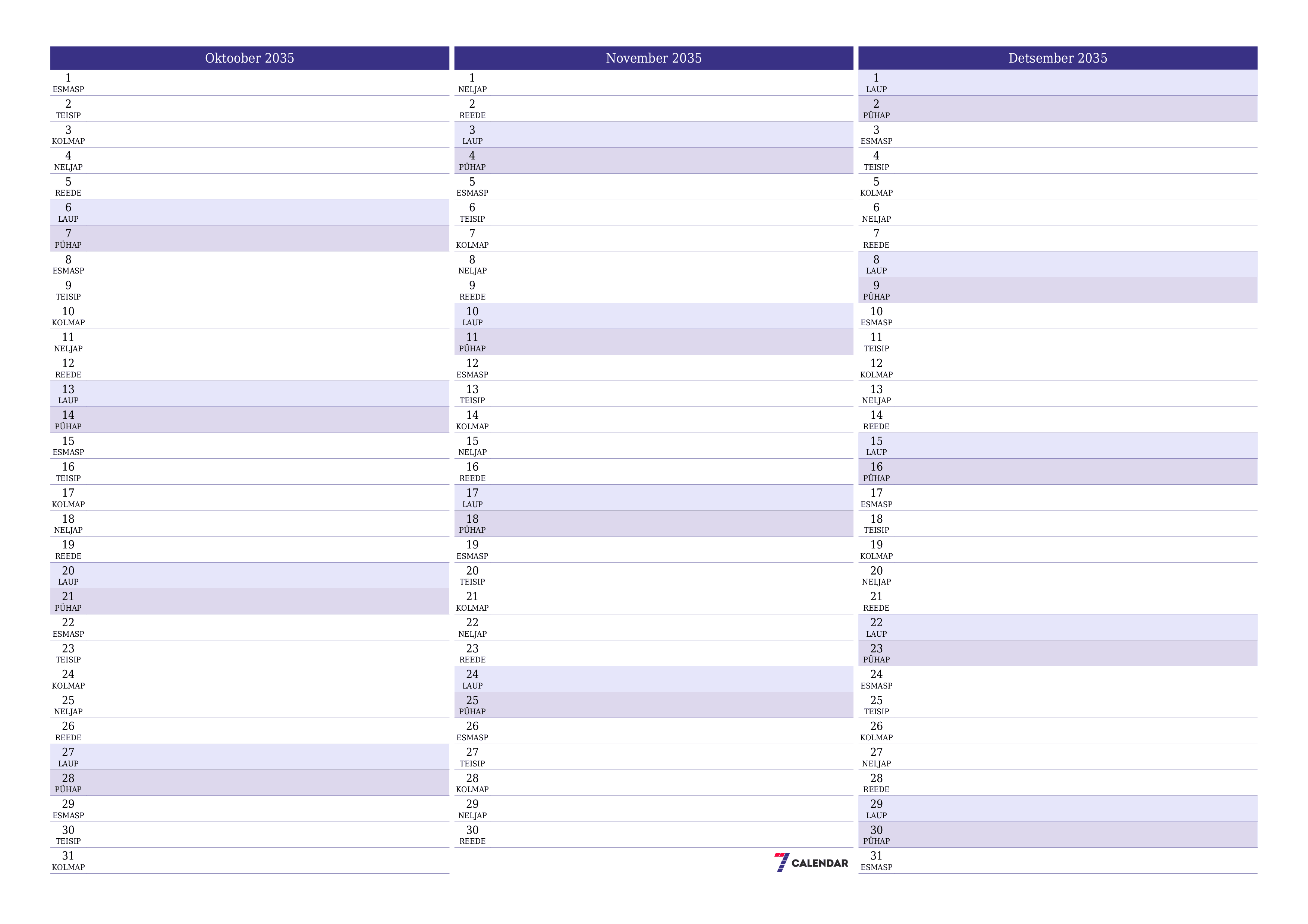 Tühjendage kuu Oktoober 2035 kuuplaneerija märkmetega, salvestage ja printige PDF-i PNG Estonian