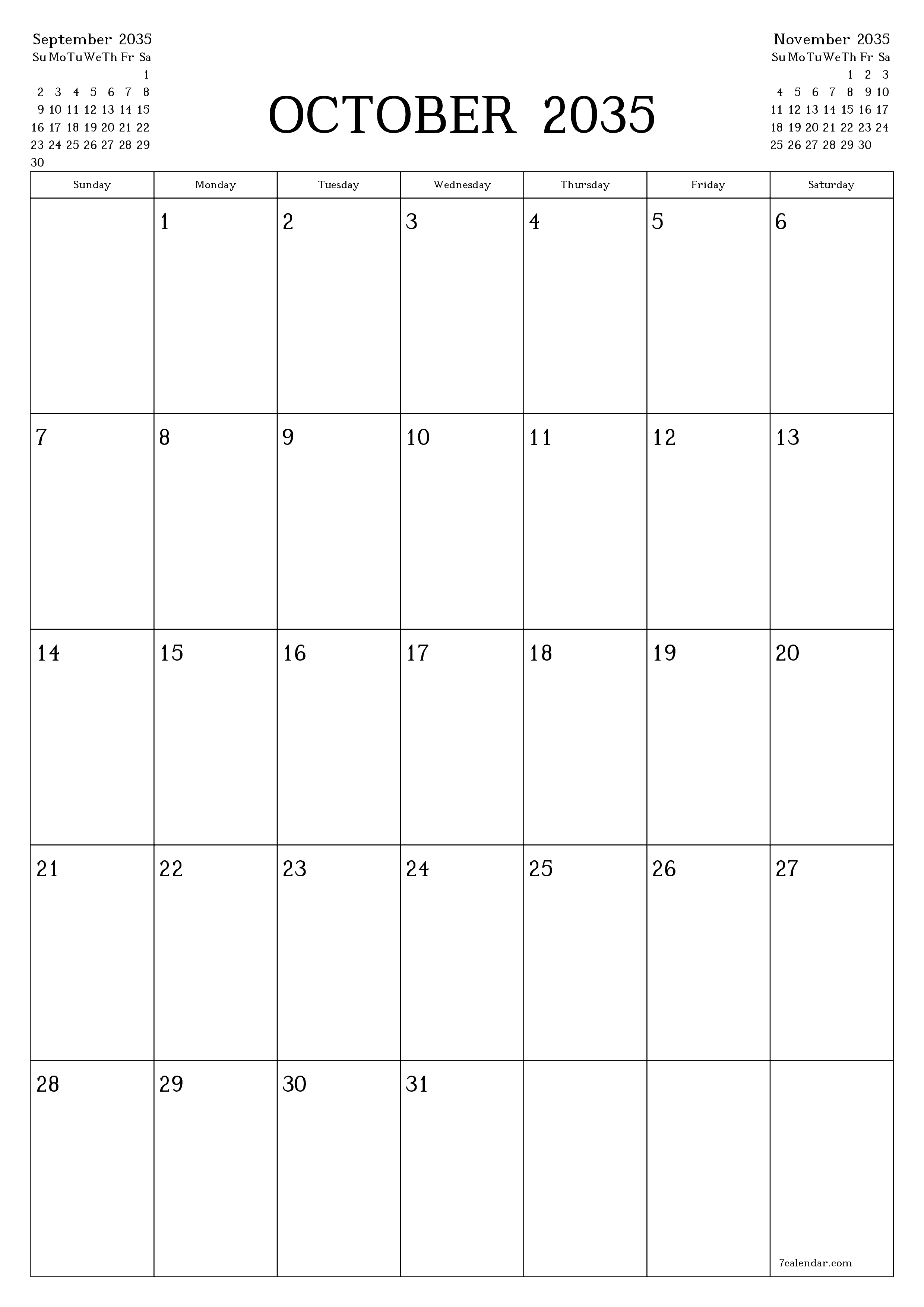 Blank calendar October 2035