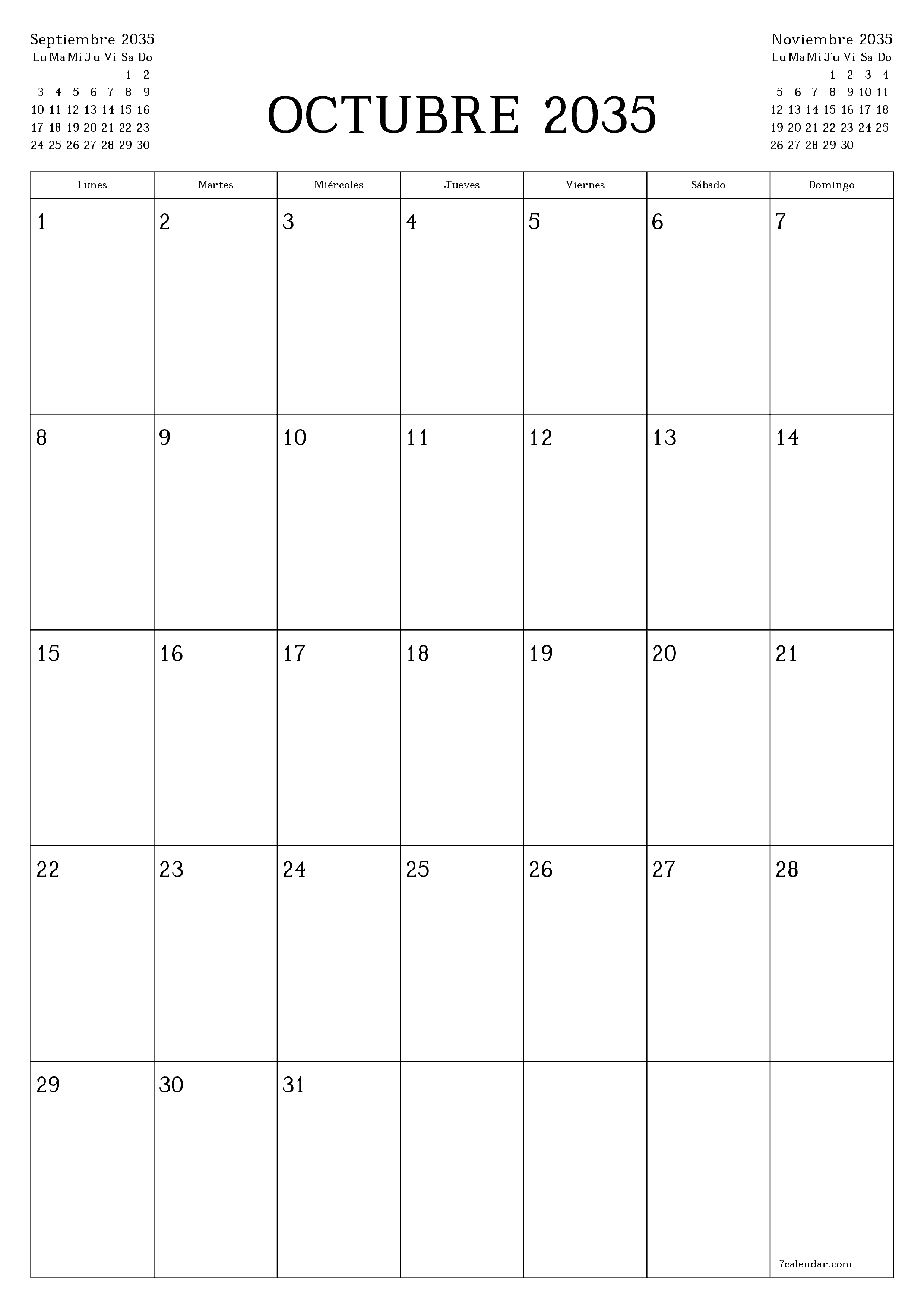  imprimible de pared plantilla de gratisvertical Mensual planificador calendario Octubre (Oct) 2035