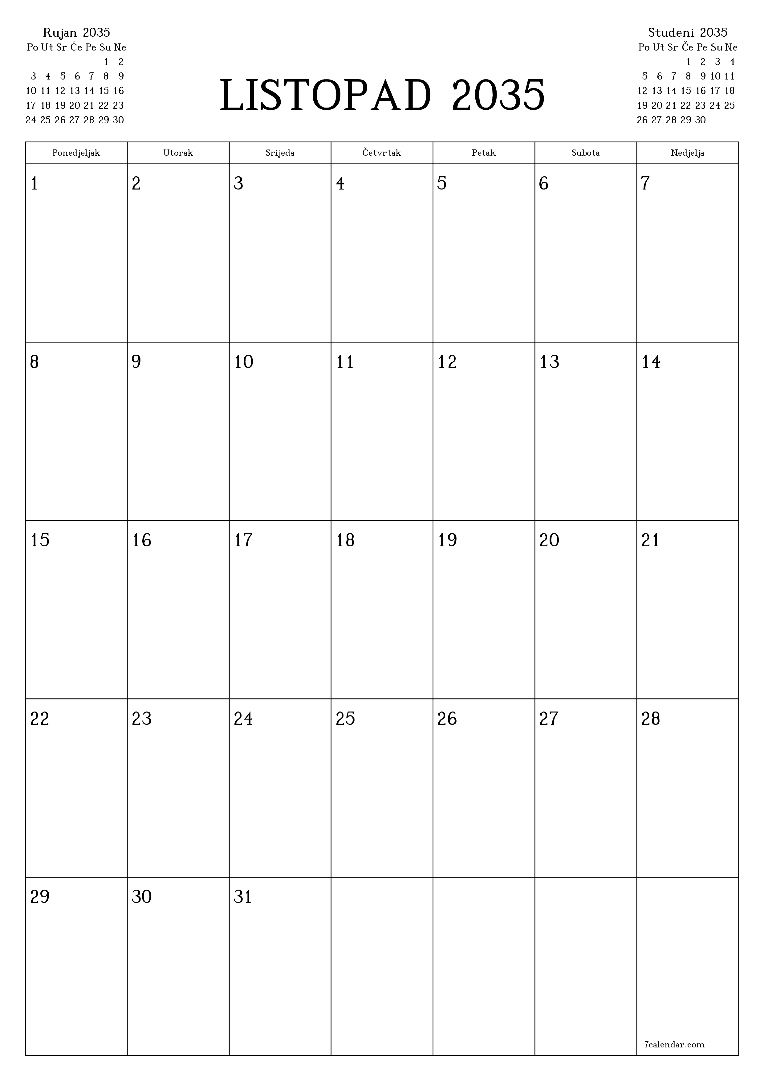  za ispis zidni predložak a besplatni okomito Mjesečni planer kalendar Listopad (Lis) 2035
