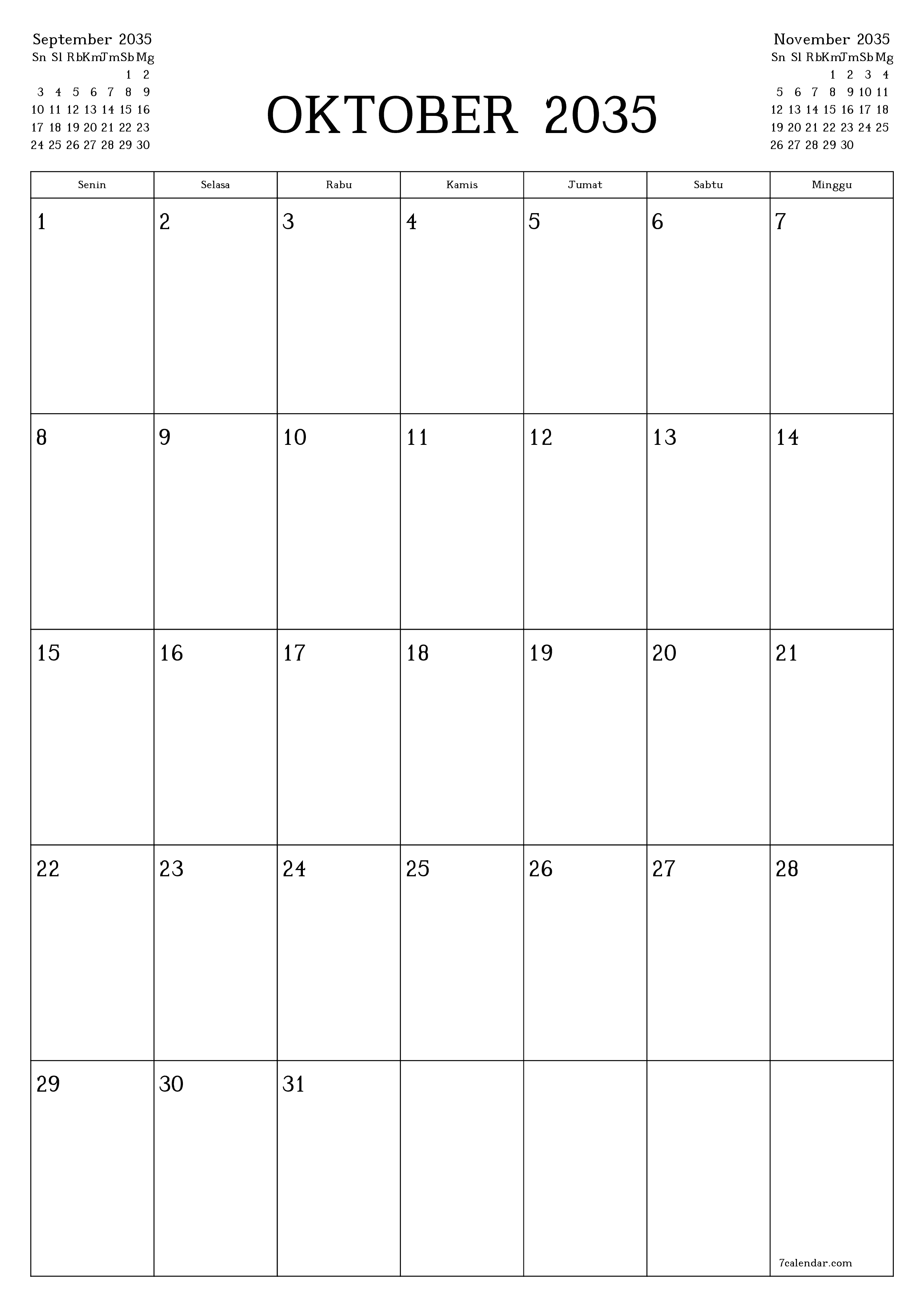 Kosongkan agenda bulanan untuk bulan Oktober 2035 dengan catatan, simpan dan cetak ke PDF PNG Indonesian