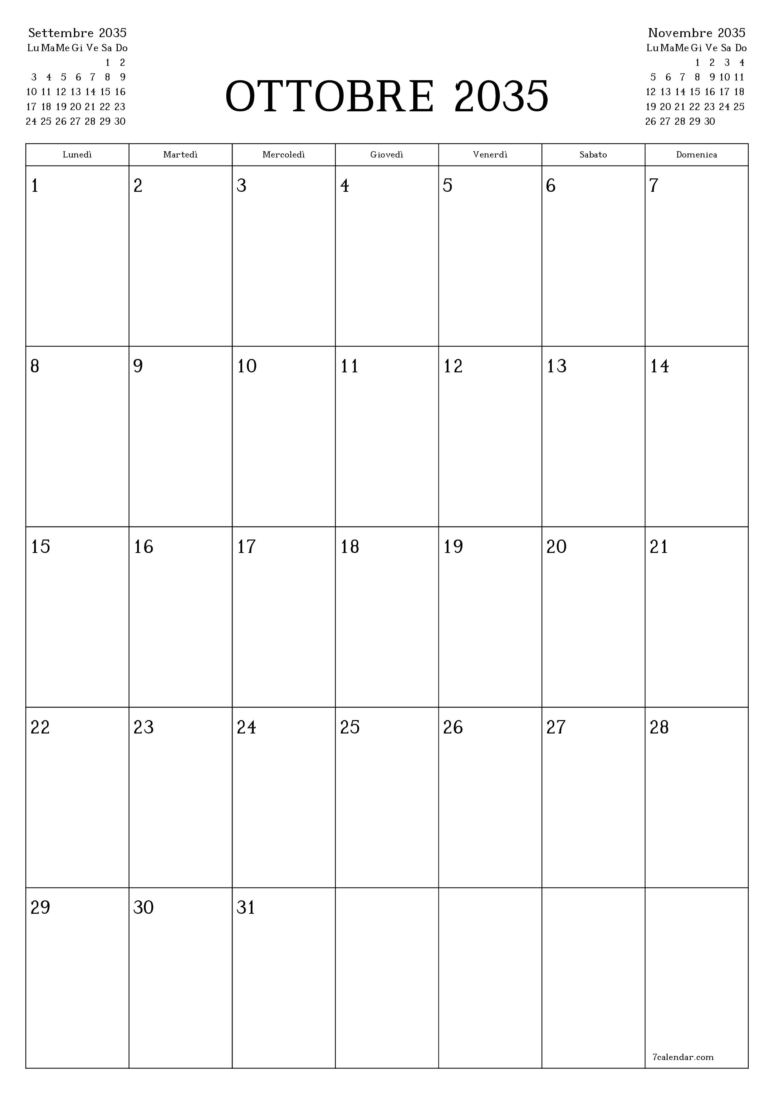 Pianificatore mensile vuoto per il mese Ottobre 2035 con note, salva e stampa in PDF PNG Italian