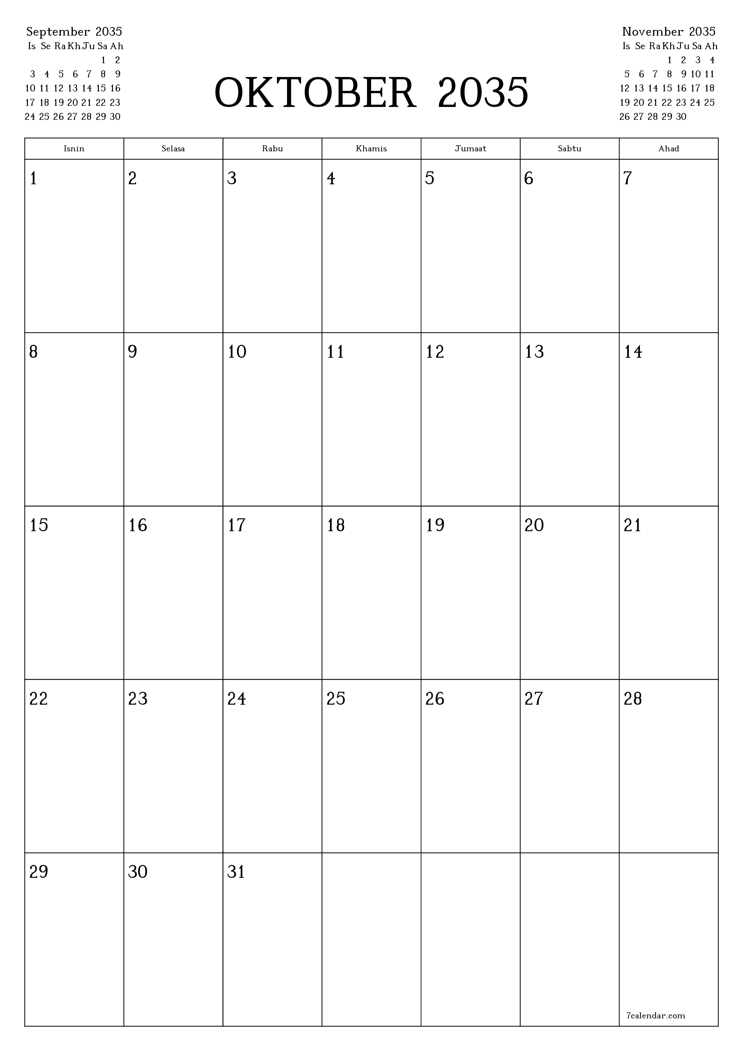  boleh cetak dinding templat percumamenegak Bulanan perancang kalendar Oktober (Okt) 2035