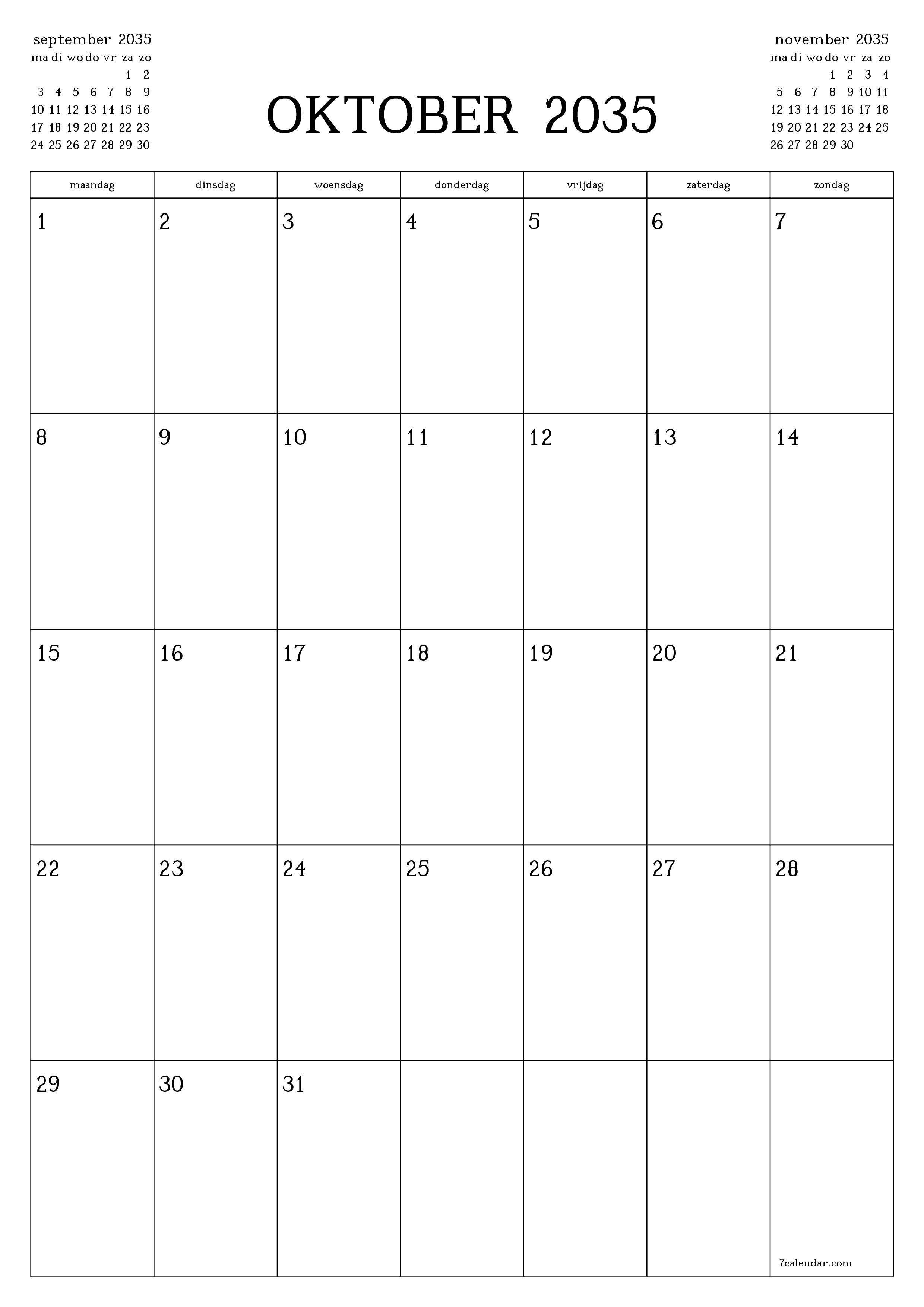 afdrukbare muur sjabloon gratis verticaal Maandelijks planner kalender oktober (okt) 2035