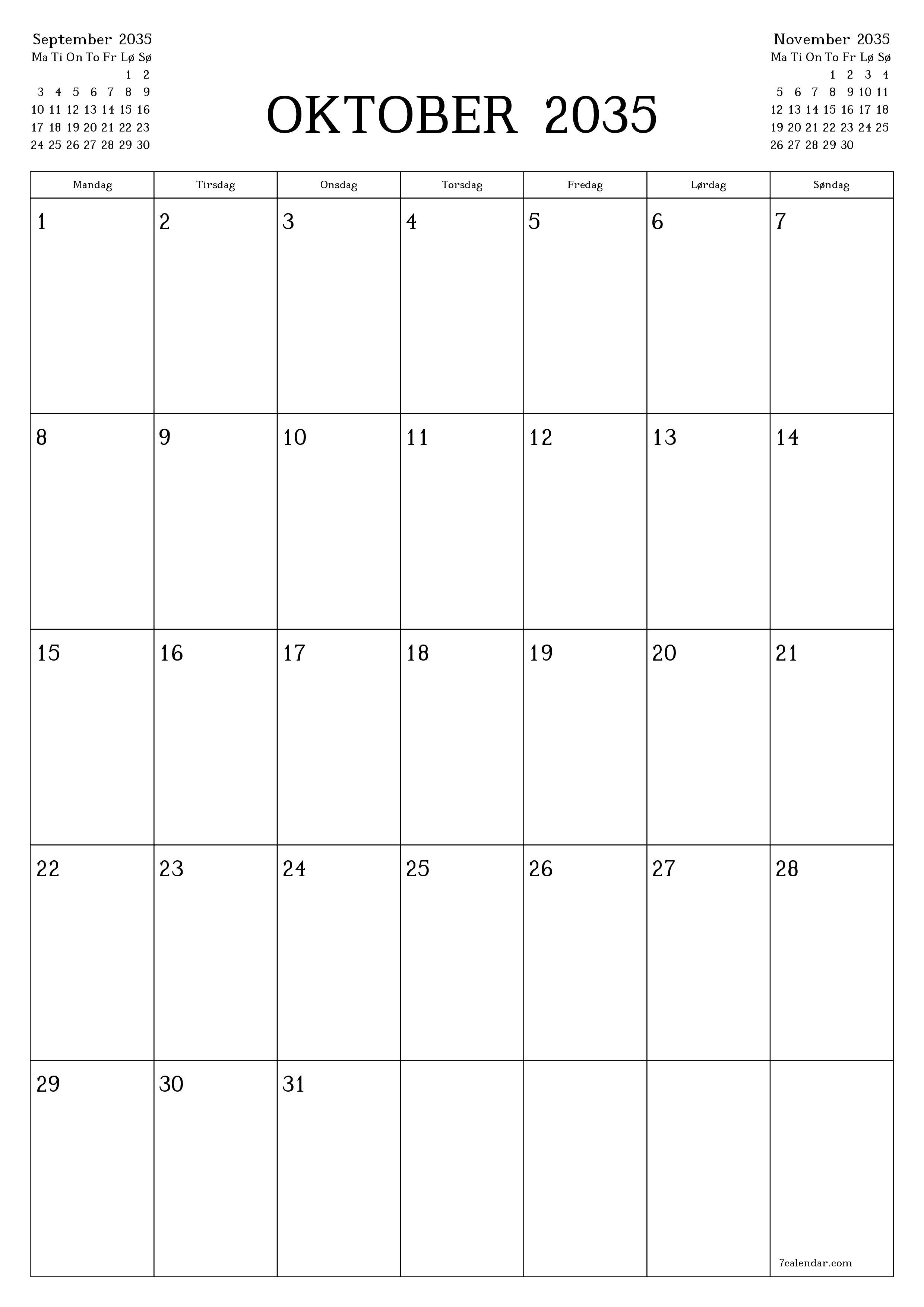 utskrivbar vegg mal gratis vertikal Månedlig planlegger kalender Oktober (Okt) 2035