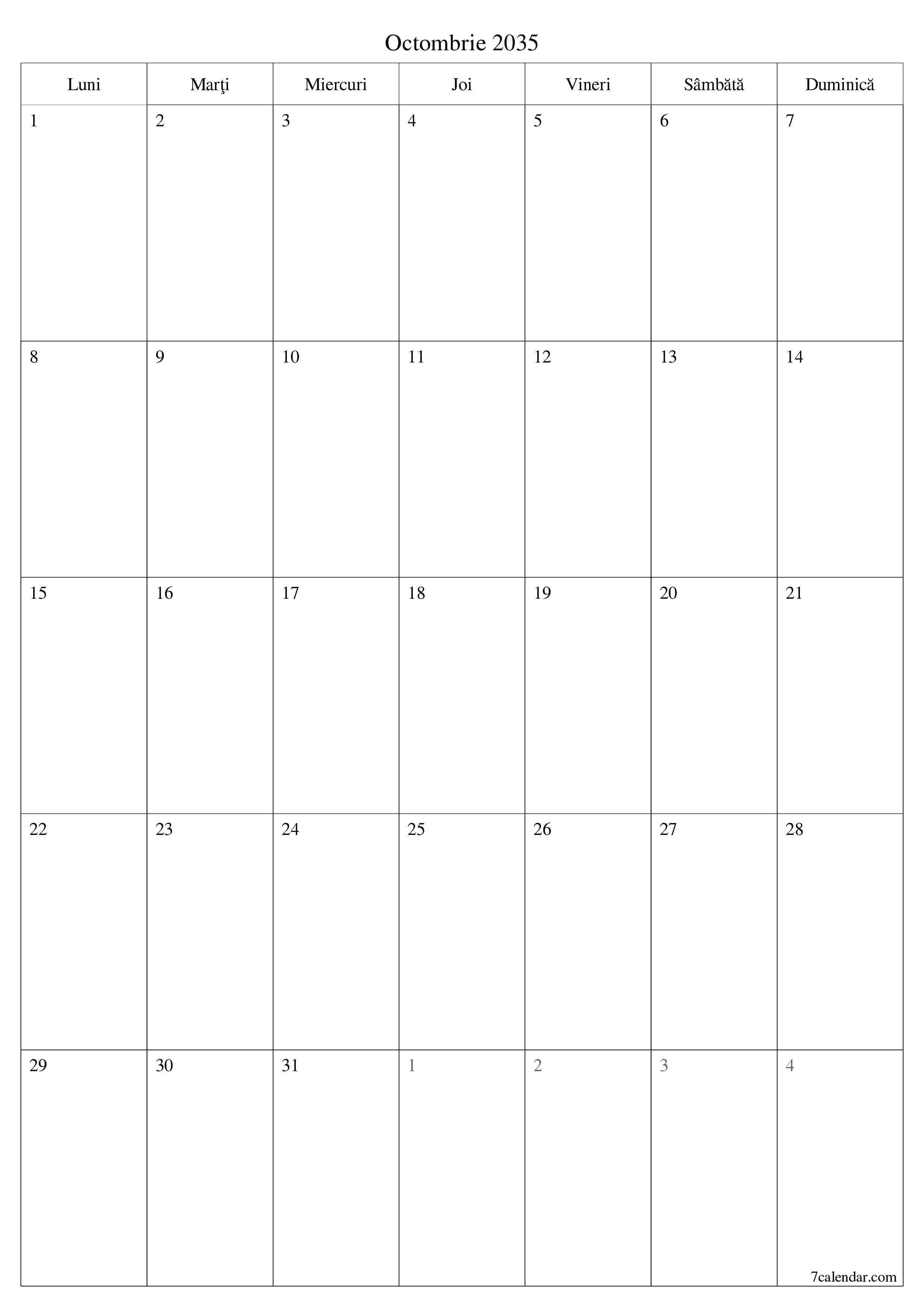  imprimabil de perete șablon de gratuitvertical Lunar planificator calendar Octombrie (Oct) 2035