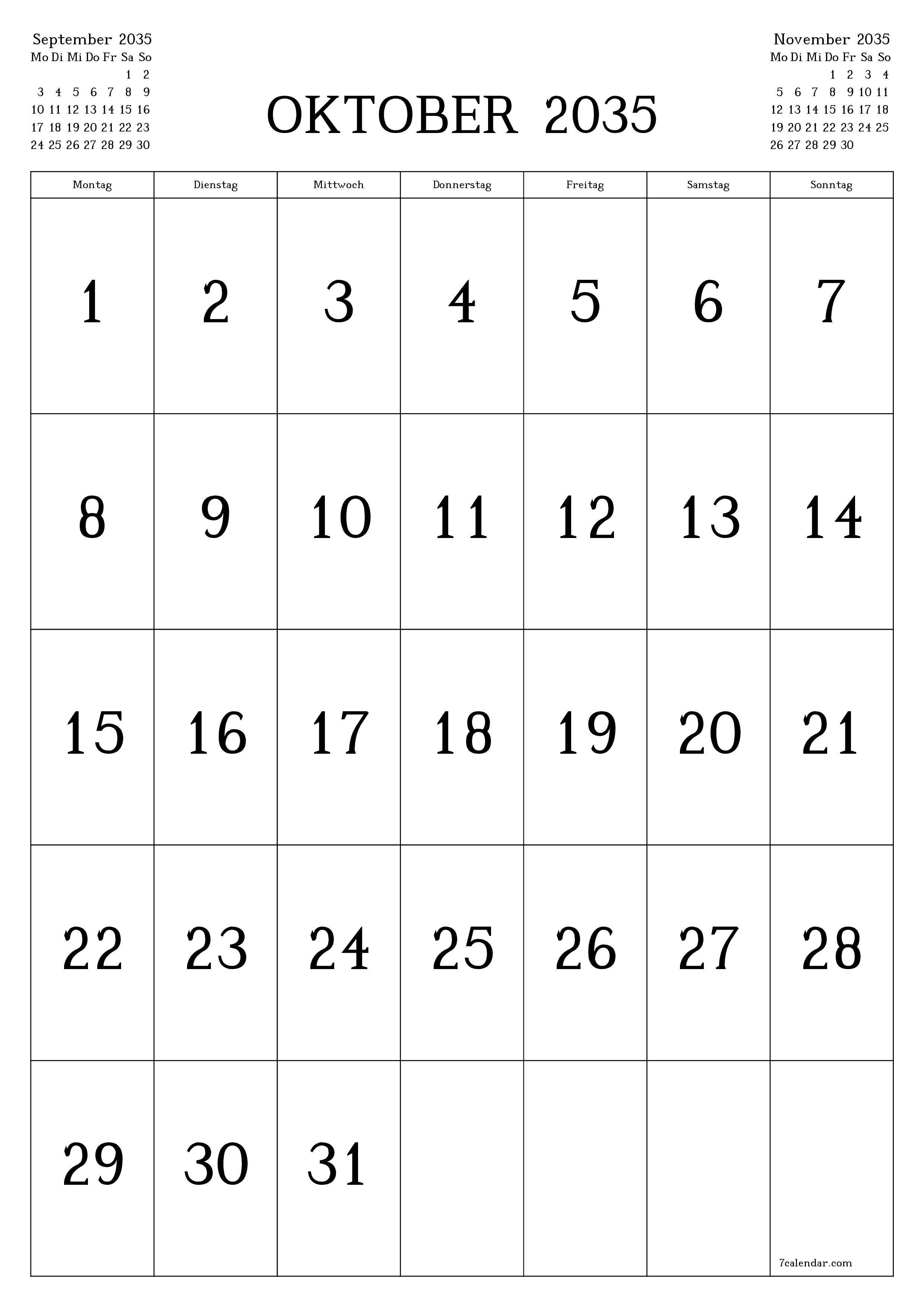  zum Ausdrucken Wandkalender vorlage kostenloser vertikal Monatlich Kalender Oktober (Okt) 2035