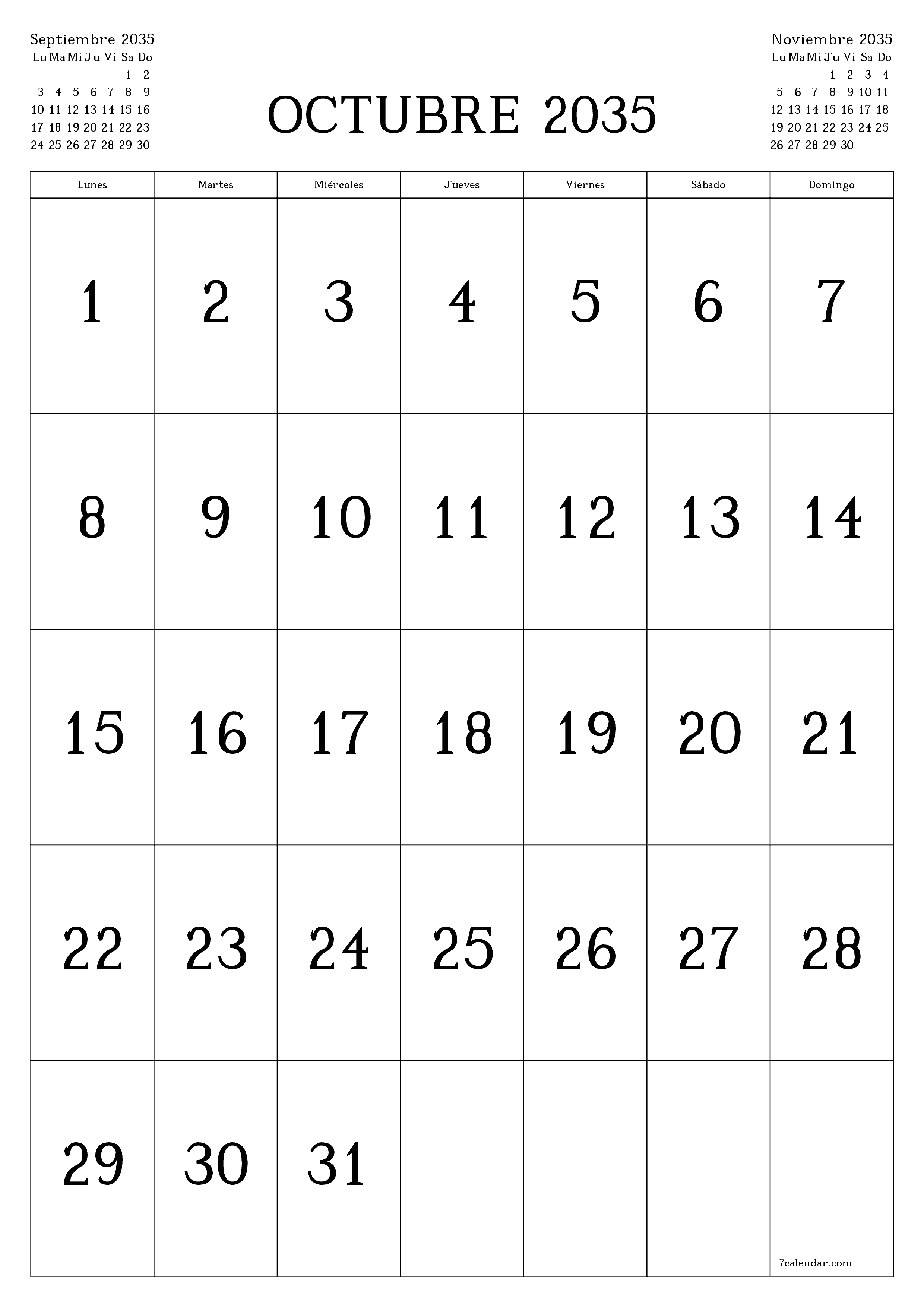  imprimible de pared plantilla de gratisvertical Mensual calendario Octubre (Oct) 2035
