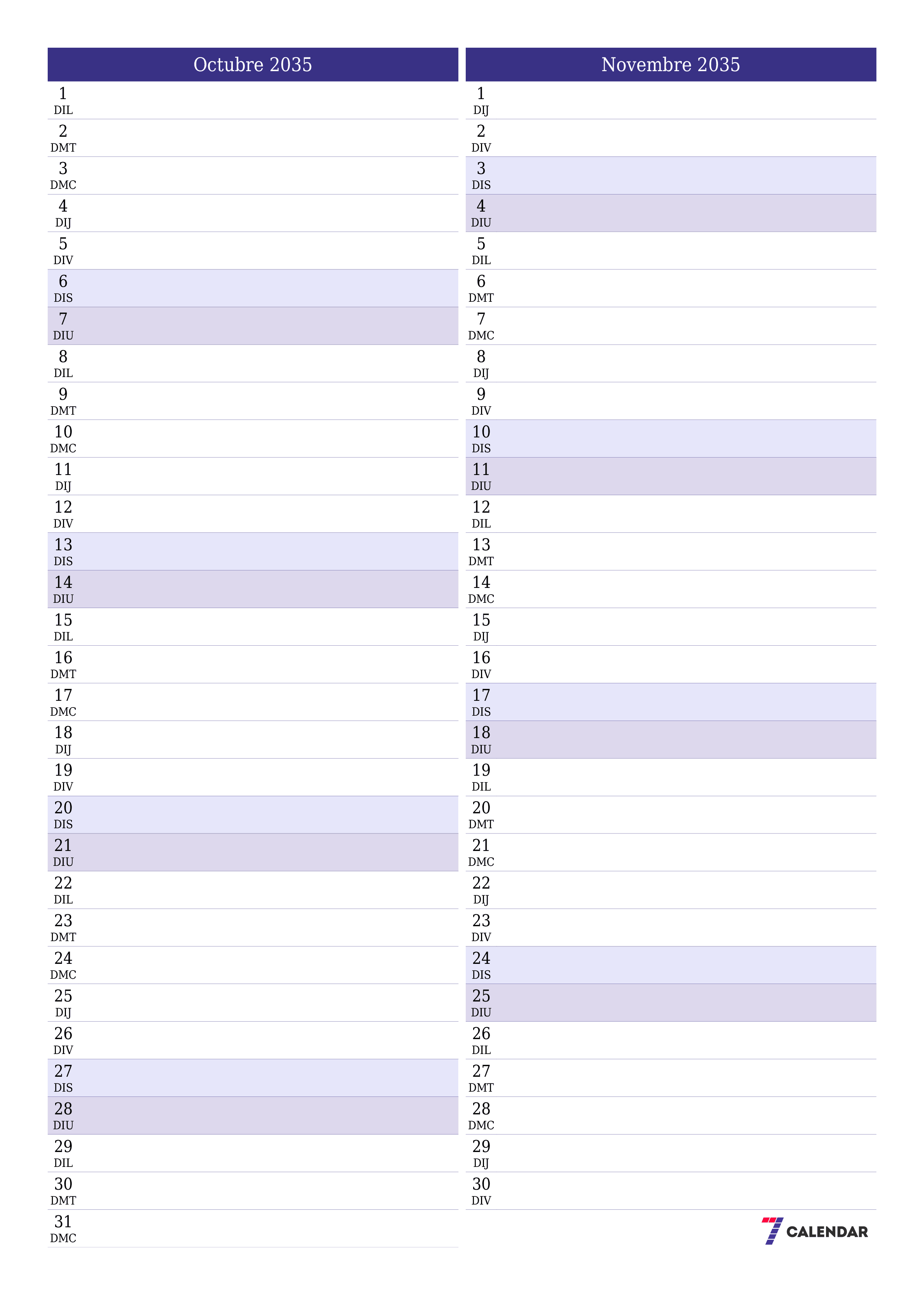 Planificador mensual buit del mes Octubre 2035 amb notes, deseu-lo i imprimiu-lo en format PDF PNG Catalan