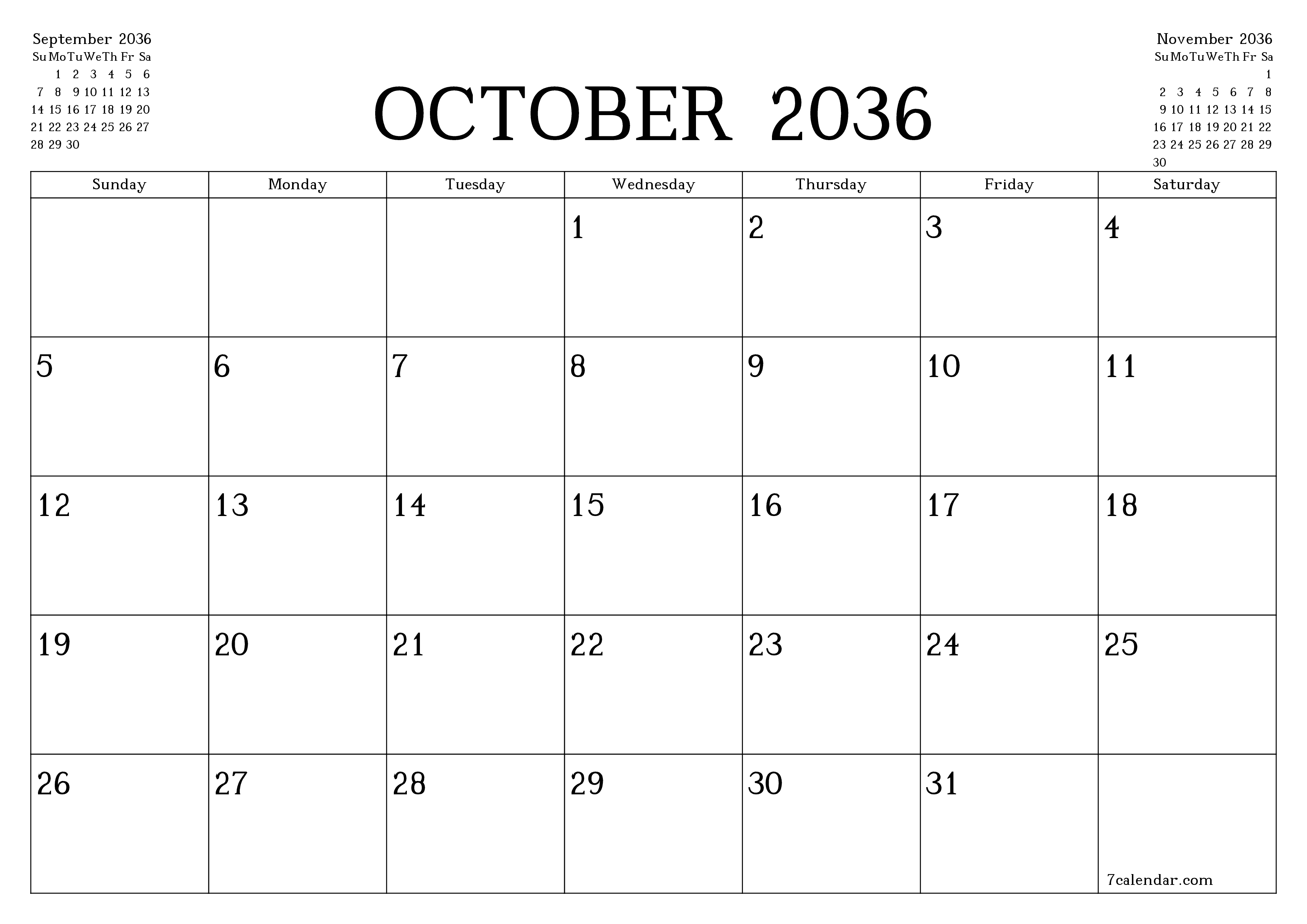 Blank calendar October 2036