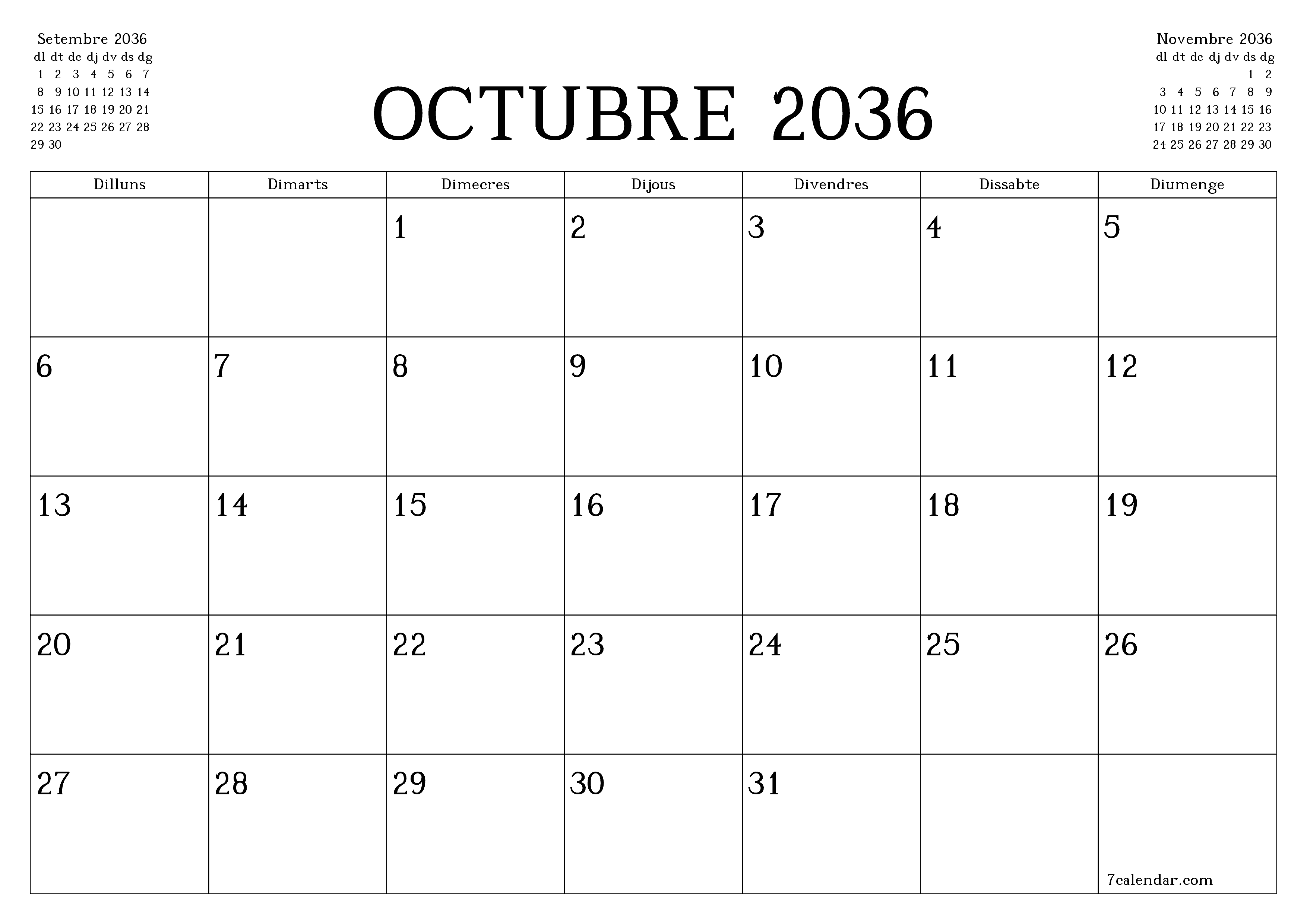 Planificador mensual buit del mes Octubre 2036 amb notes, deseu-lo i imprimiu-lo en format PDF PNG Catalan