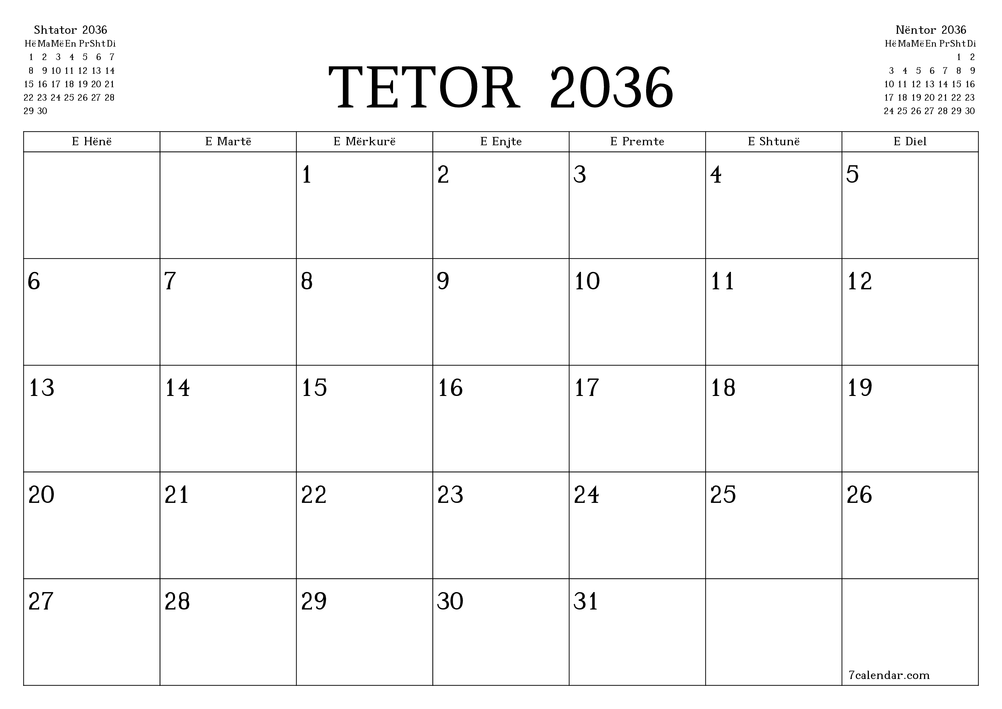 Planifikuesi i zbrazët i kalendarit mujor për muajin Tetor 2036 me shënime të ruajtura dhe të printuara në PDF PNG Albanian