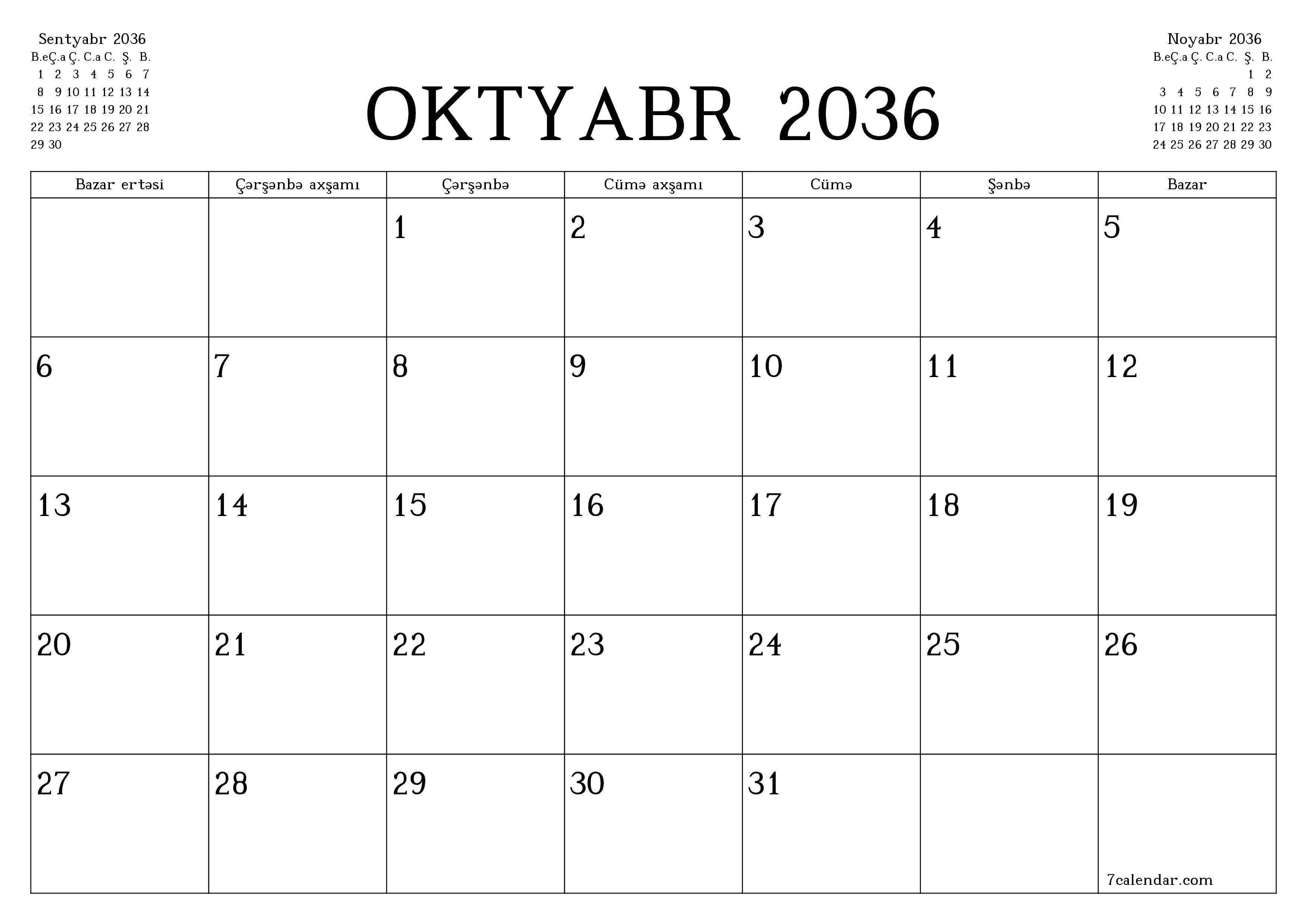 Oktyabr 2036 ayı üçün qeydlər ilə boş aylıq planlayıcı, qeyd edin və PDF-ə yazdırın PNG Azerbaijani